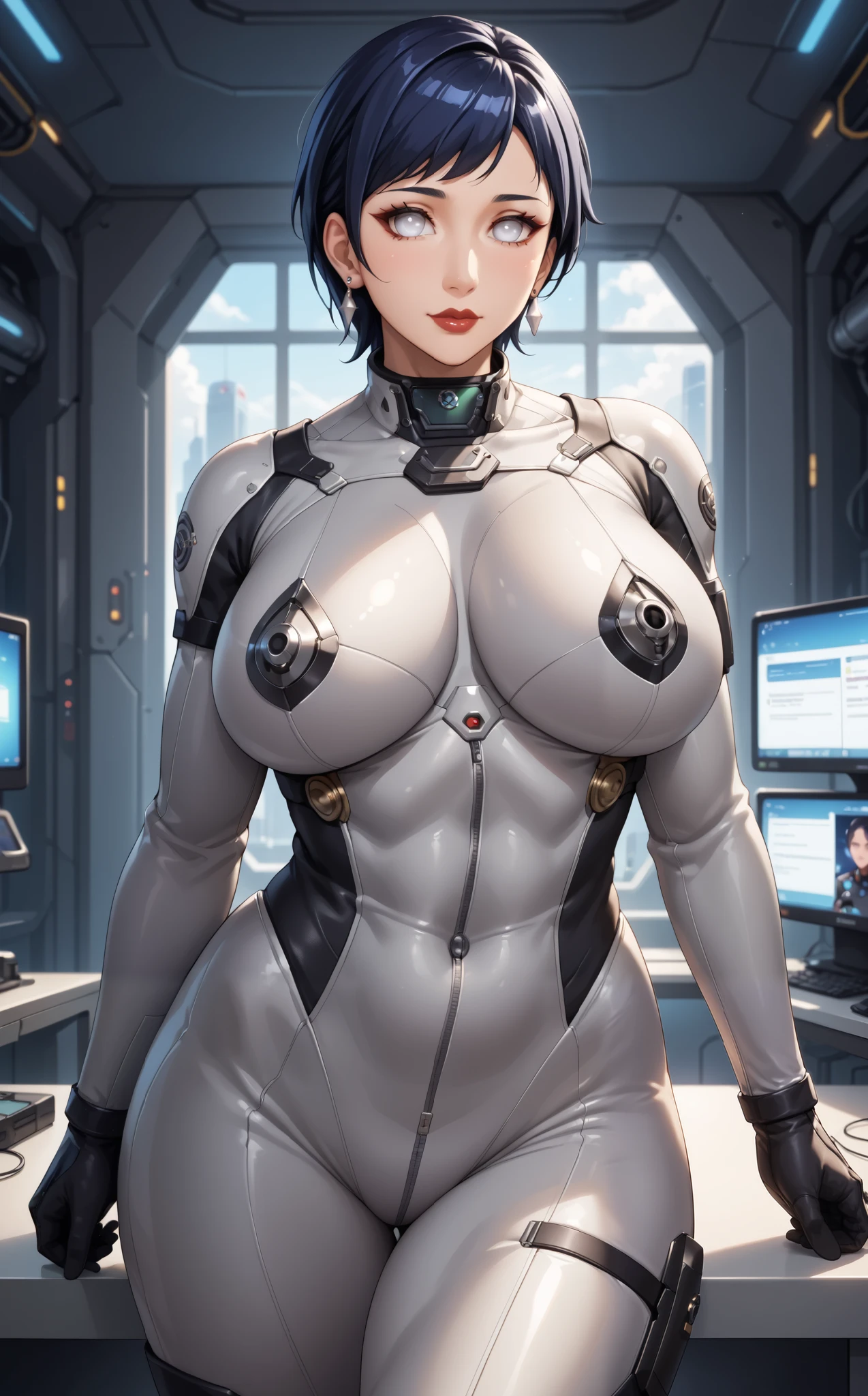 Milf, woman in a futuristic suit, highly detailed face, cool, mom, tomboy, very large breast, Wide Hips, Gargantuan Butt, (Milf), mature face, (Hinata_Hyuga, Dark Blue Hair, White Eyes, Tied-Back Hair, Sensual Red Lips), battlesuit, cybersuit, anime girl wearing tight suit, milfication, Elegant body, navel focus, naked body, gloves, earrings, legs armor, science fiction, female protagonist, standing, volumetric light, detailed lighting, detailed textures, oppai cyberpunk, biomechanical oppai, masterpiece, best quality eyes, sci-fi background, futuristic landscape, Checking Monitor.