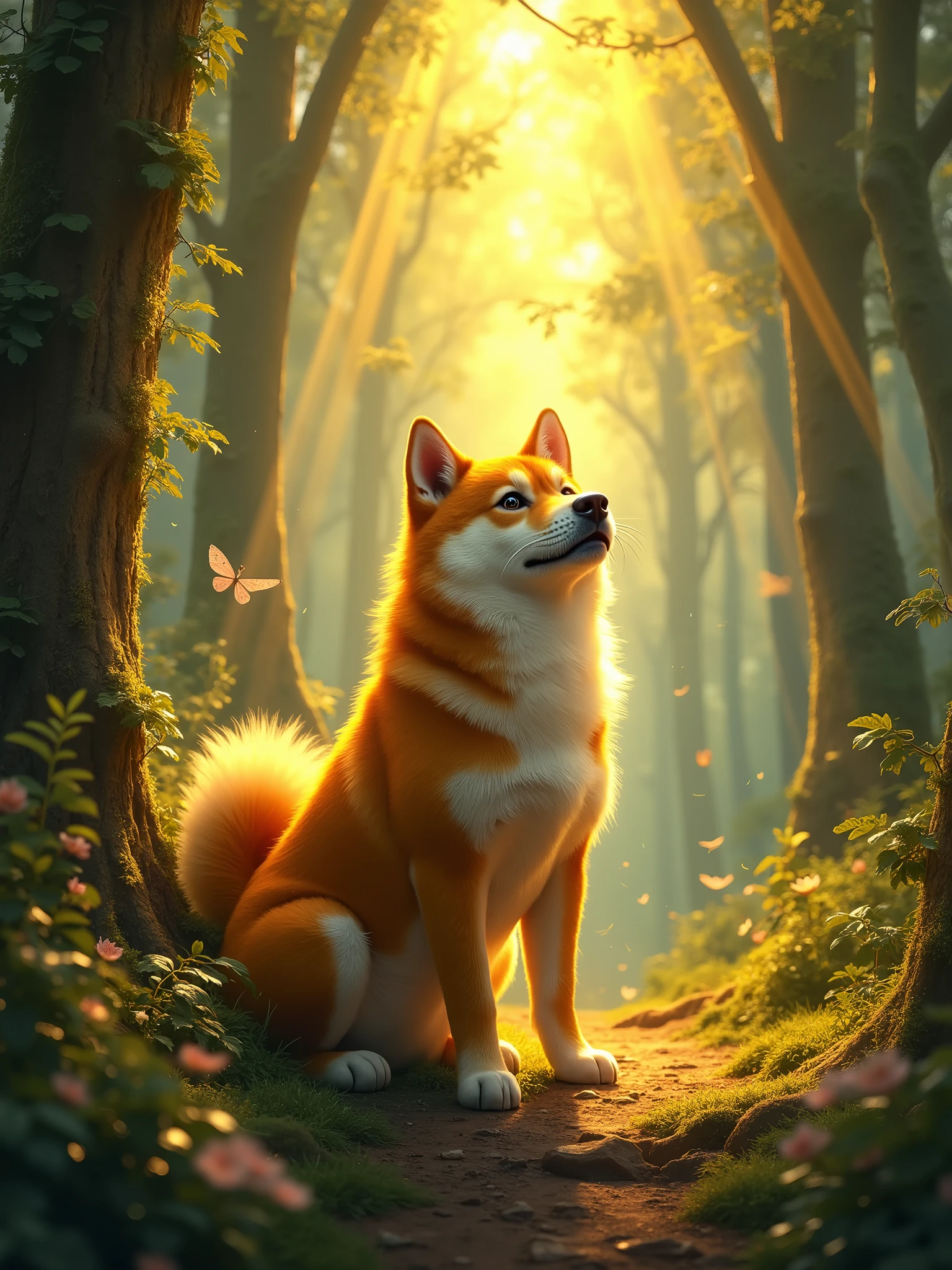 dogecoin dog art, forest background, golden beams of light, medieval style, sotcks going up