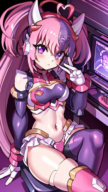 {{masterpiece, ultra-high quality, ultra detailed,}} 1girl, Ironmouse, Vtuber, demon girl, pink and purple hair, flirty, Maverick Hunter HQ, Mission Control Chair and headset, professional art, Reploid, robot girl, seductive pose,