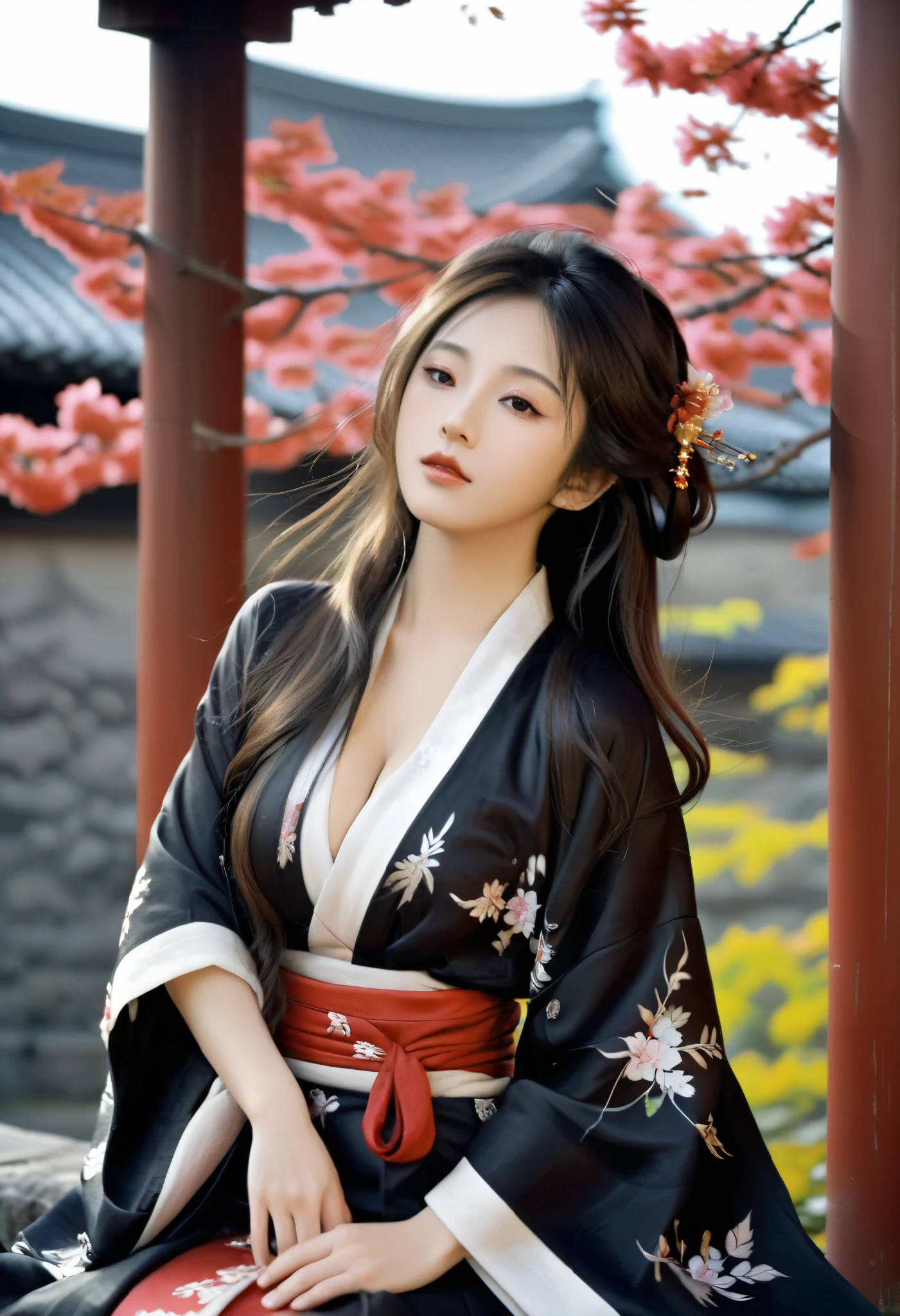 sexy japanese woman , (), slim healthy body, long brown hair in large curls , wearing a sexy black and dark red japanese traditional kimono {x}, leaning on flower wall, in the background looking directly at the camera , sitting inside burning castle, , Realistic, (beautiful and ample breasts:1.5) and a huge waist, holding up busts with hands, dynamic sexy poses,