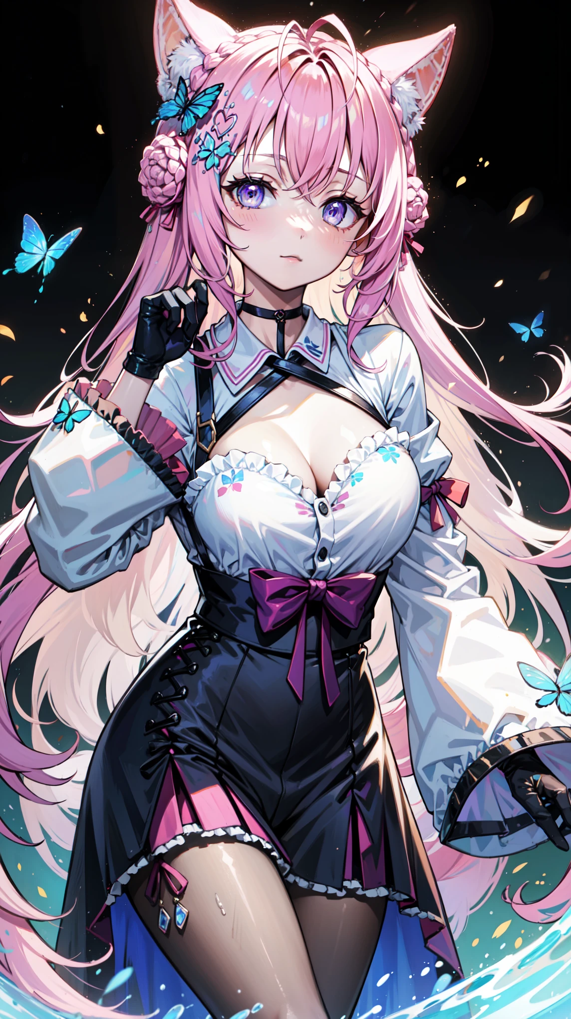     alone ，   pink hair     ,    pale   ,  Butterfly,   purple eyes    ,  Butterfly装饰 的女人， black gloves ， Modern Outfits，shirt，Assistant costume ，Gel coat，， with black decorations on it   ,   An impact  , Golden ribbon,     decorated with dark blue flowers and width    , cheongsam，Wide-brimmed hat ，原神冲击