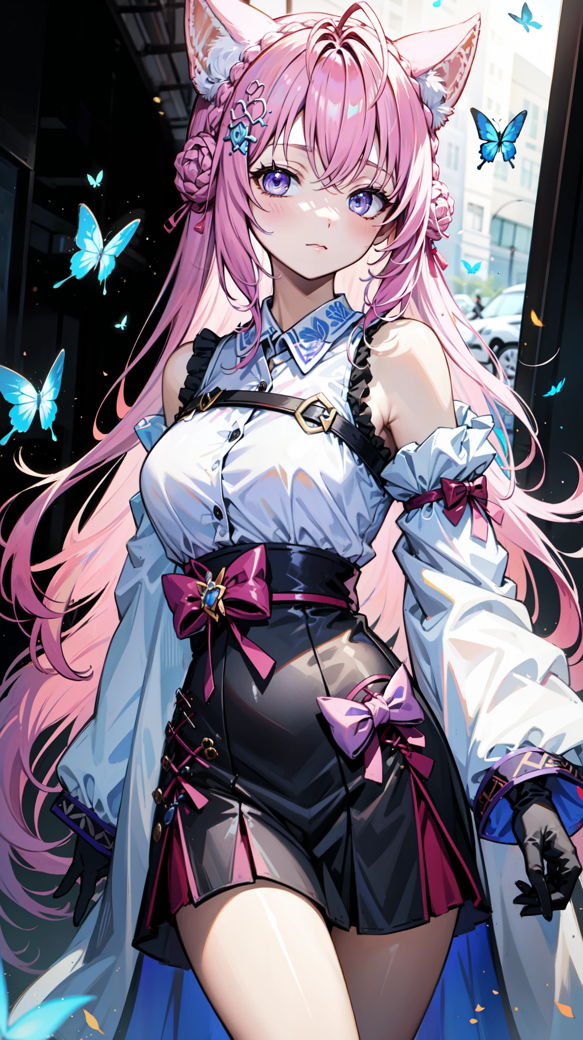     alone ，   pink hair     ,    pale   ,  Butterfly,   purple eyes    ,  Butterfly装饰 的女人， black gloves ， Modern Outfits，shirt，Assistant costume ，Gel coat，， with black decorations on it   ,   An impact  , Golden ribbon,     decorated with dark blue flowers and width    , cheongsam，Wide-brimmed hat ，原神冲击