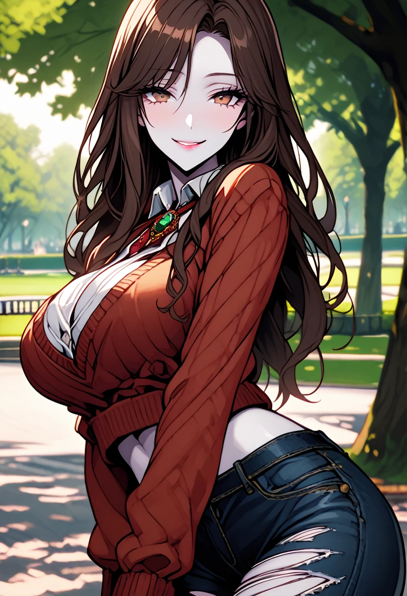 solo, female, long hair, dark brown hair, pale skin, brown eyes, side tail hair, huge breasts, midriff, sweater, torn jeans, close up, smile, jewelry, day, park, curvaceous, gyaru, victorian era
