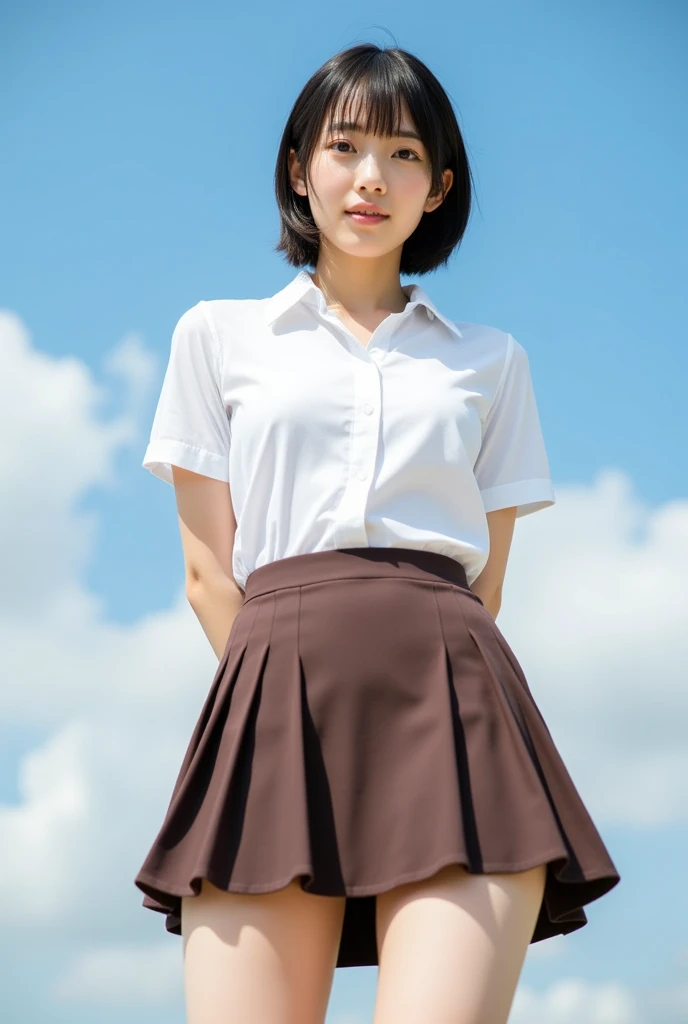 19 year old, Japanese female, REIKA, beautiful short hair, best proportion, professional photo, ultra detailed, 15mm film, portrait, highest quality, arms behind back, white gal-shirts brown tight-skirts brown tie close up thick thigh smooth thigh radiant thigh focus from thigh under angle, outdoor blue sky,