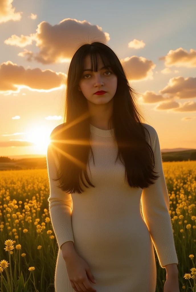 (Realisticity: 1.3), Fine, Quality, Rembrandt Lighting, (Masterpiece: 1.2), (Realisticity: 1.2), (Best Quality), (Skin Details: 1.3), (Intricate Detail), Dramatic, Idyllic, Ray Tracing, 1girl, Chinese Yellow Girl, Long Black Hair, 24 years old, Modern Clothing (Meadow, Sun, Clouds, Fields, Farms, Starlight, Trails)  