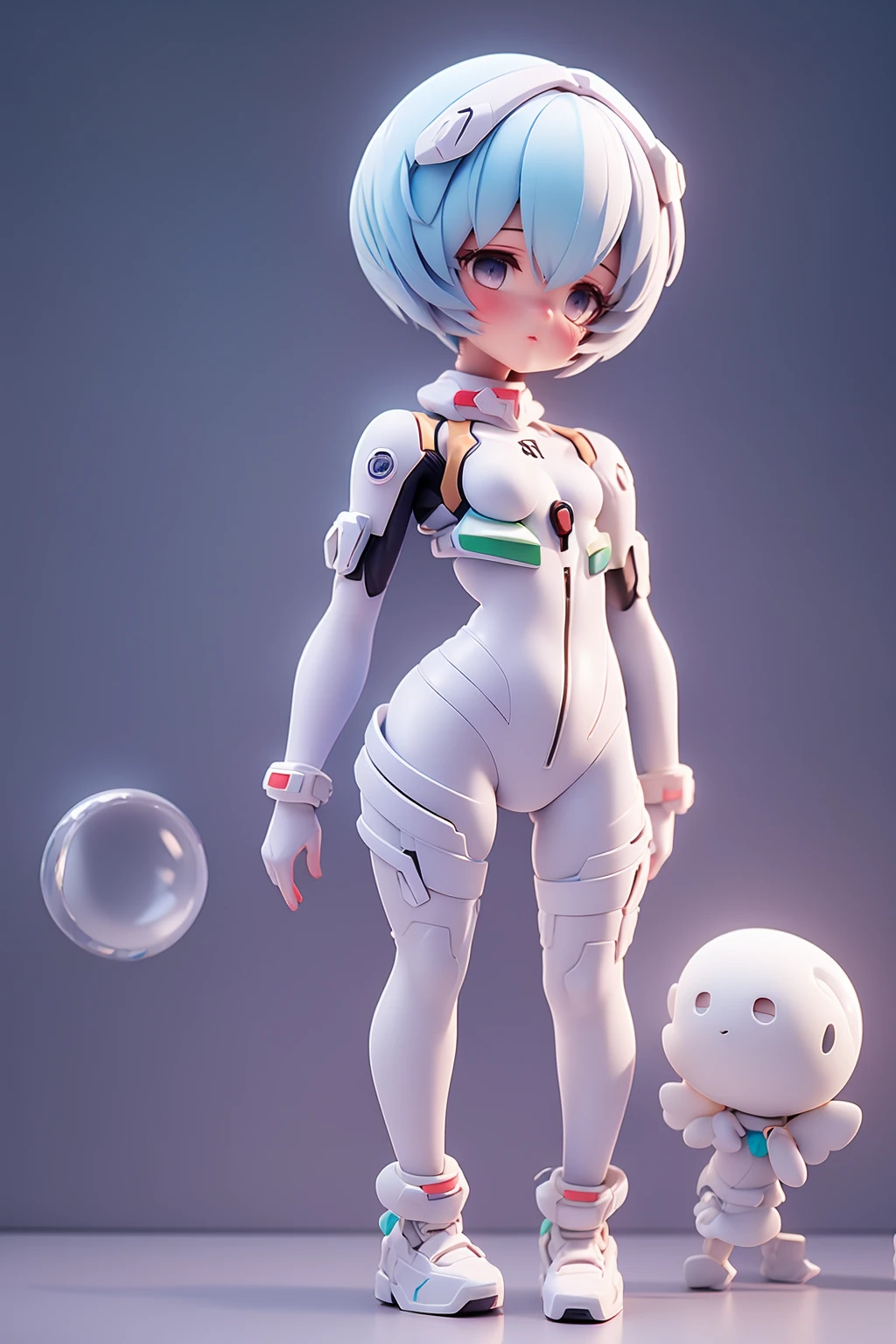  blue hair、 shorthair 、Rei Ayanami、 1 girl、 shiny hair、 thin waist、small waist、 Glowing Skin、Angel Suit、Eight-headed body、Beauty、