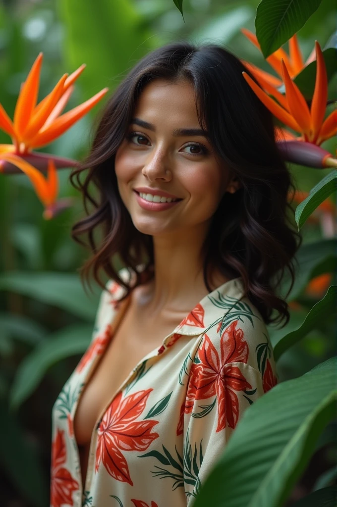 A Brazilian woman in a lush tropical garden, wearing an open shirt with a floral print, with a close-up capturing the harmonious beauty between her breasts and the natural flowers, showing off your natural charm and outgoing personality.