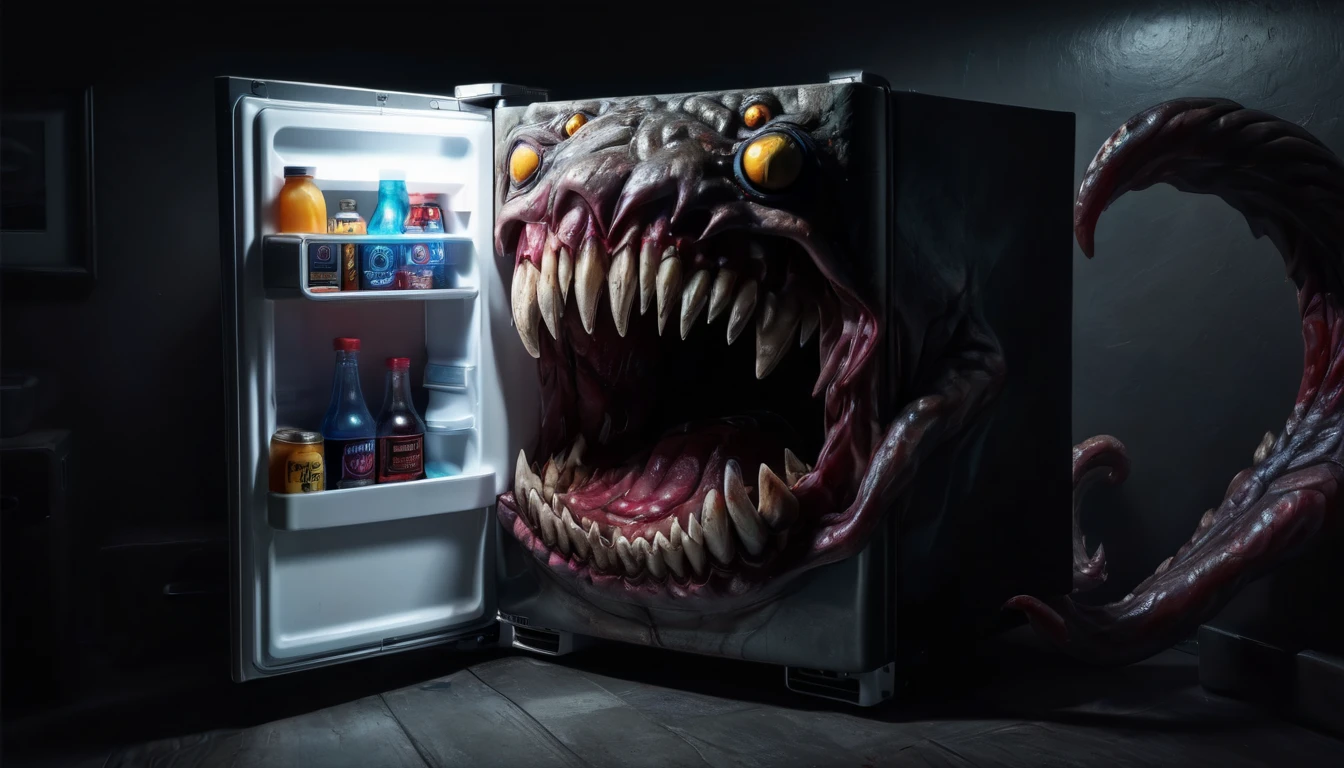 a large toothy gaping maw, a refrigerator mimicking a monster, extremely detailed, hyperrealistic, 8k, cinematic lighting, photorealistic, dark fantasy, horror, surreal, eerie, unsettling, chiaroscuro, dramatic shadows, cold colors