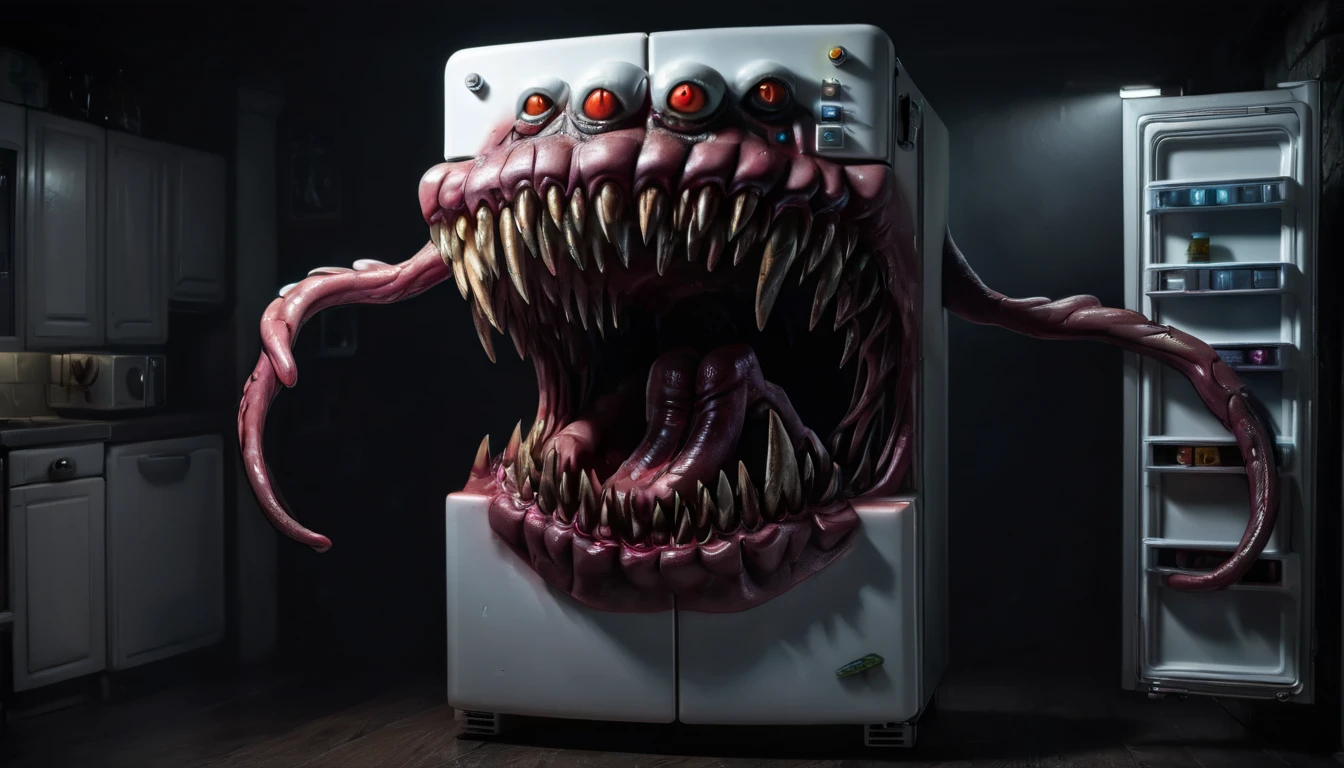 a large toothy gaping maw, a refrigerator mimicking a monster, extremely detailed, hyperrealistic, 8k, cinematic lighting, photorealistic, dark fantasy, horror, surreal, eerie, unsettling, chiaroscuro, dramatic shadows, cold colors