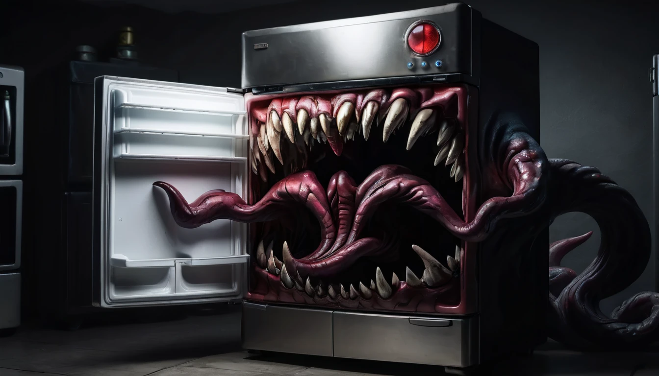 a large toothy gaping maw, a refrigerator mimicking a monster, extremely detailed, hyperrealistic, 8k, cinematic lighting, photorealistic, dark fantasy, horror, surreal, eerie, unsettling, chiaroscuro, dramatic shadows, cold colors