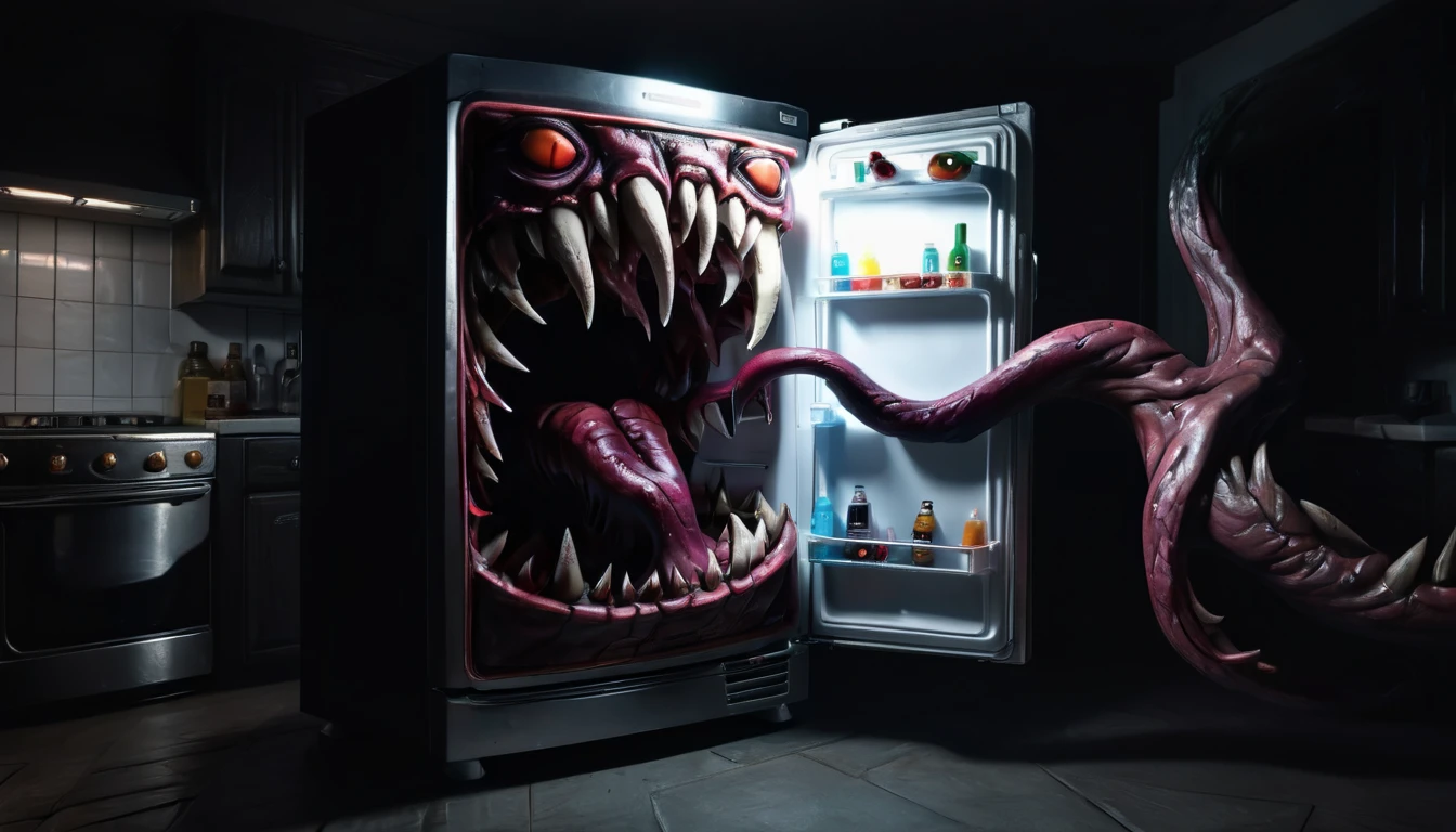 a large toothy gaping maw, a refrigerator mimicking a monster, extremely detailed, hyperrealistic, 8k, cinematic lighting, photorealistic, dark fantasy, horror, surreal, eerie, unsettling, chiaroscuro, dramatic shadows, cold colors