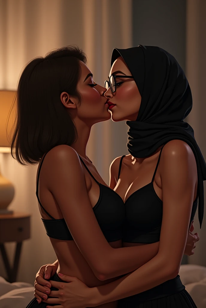 40-Years-Old,Female Store owner, Hijab Beautiful Indonesian Mature Woman, Wearing Thin T-Shirt, ((wearing Garter bra)), Realistic  Breast,realistic wrinkels body,realistic wrinkels on breast, PP cup Breast, Seducting Look, Lustful smiling, standing behind counter, lesbian Sex scene, Sharing Passionate kissing with customer.