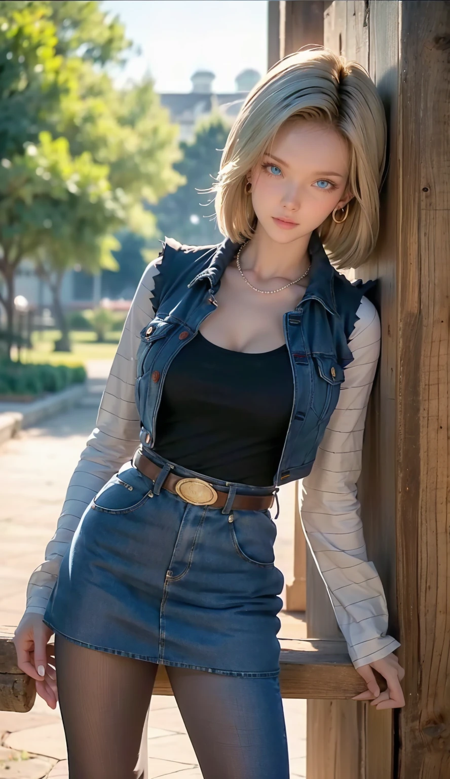 Android 18, Light Blonde hair, Medium hair shaggy cut for women, Blue Transparent eyes of Slavic Caucasians, She has sexy double eyelids above and below her eyes, The flash in the eyeballs is brilliant, She is not wearing any jewelry such as a necklace around her neck, open-chested Black -shirt, Not wearing a bra, She only Wears round earrings, Tight Long sleeves with black stripes on a white background, Blue denim mini vest, Blue denim mini skirt, The denim mini skirt and denim mini vest set in the same blue color, The mini denim vest does not have a zipper, but the mini denim skirt does, and the denim vest has five silver buttons to fasten the garment, The denim skirt's zipper seam line and stitching run vertically straight to the bottom of the skirt, and the denim vest has no zipper, so it's clean, Open-chested denim vest, Large breasts, Women's Western Cowboy Belt, Brown see-through pantyhose, Western short boots, Looking at viewer, Her whole body is visible on the screen, She is standing in front of the bench Her entire body is visible on the screen, from her head to her boots, Slight smiling with closed lips standing next to bench , Blue sky, outside, park, grass, Summer, trees, blue sky, high quality, masterpiece,