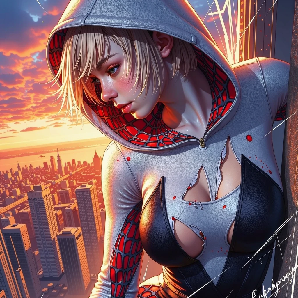  promotional slide ,  Marvel movie poster for 'Spider-Man.: Home field , 'starring Emma Meyer in the Spider-Stirring . [Bob Haircut, She wearing destroyed torn suit skin-tight white and balck red spider-gwen costume,  Climbing the building ,  on a rooftop in Brooklyn, New York City .  title is : "spider-man:Home field " and " coming in 2030 ."