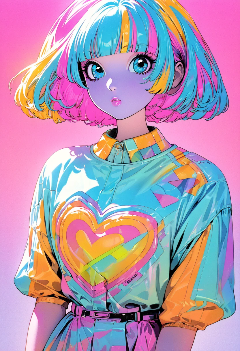 (highest quality:1.2, City Pop Style, Very detailed, Latest, Vibrant, High Contrast, masterpiece:1.2, highest quality, Best aesthetics), girl, ((Face Up Shot:1.4)), Colorful Hair, Bobcut, pastel colour, 1980s style, ((Retro, Vintage, Solid color background))