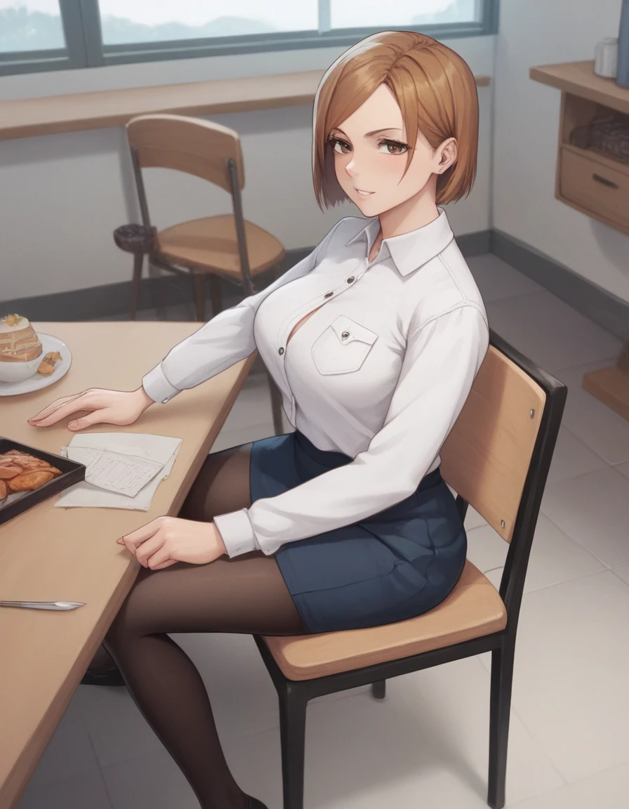 masterpiece,best quality,best details,nsfw,1 girl,short hair,brown hair,brown eyes,precise fingers,dress shirt,skirt,long black tights,long sleeve,a lot of food on the table,big belly,belly stuffing,sit on a chair,underground room,trapped underground room,Kugisaki Nobara,anime,