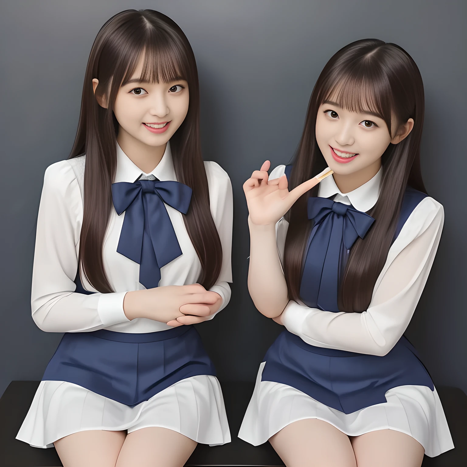 (Highest quality, masterpiece:1.2), Highest quality, High resolution, 1080P, 8k, (Two 14yo Japanese beautiful girl idols are seated and giving strong subliminal sexual invitation and temptation, cute skirt with beautiful knees, looking at the viewer, can't stop showing cute smile open mouth because of feeling too funny about the viewer, very white-white face, very proud of her long straight black hair, using face-whitening cosmetics, 14yo girl's eyes, opened laughing giggling most open mouth, too expensive luxurious glossy frilled ivory silk blouse, polyester dark-navy school-skirt and bewitching ribbon on the breast, well-straitened super-long well-trimmed long hair, evenly neatly trimmed girly cute bangs: 1.5), (white thighs and knees: 1.7), (Laughing cheeks with dimples), (Well-balanced, impressive, cool, drooping, double-eyelids, black shining large eyes of 14yo intelligent young idol with detailed: 1.5), ((Beautiful well-figured glossy opened laughing lips: 1.2)), (mature breast), (The viewer can't stop madly kissing them because of her beauty and subliminal strong invitation), (Very beautiful, super-glossy, cute neat black amazingly long hair, straight well-done long hair-style: 1.3), (plain blue background: 1.6), (((Completely balanced beautiful big big eyes, looking at me))), (eyes, face and hair are especially beautifully detailed and beautifully drawn: 1.5),  (The soft white light clearly shows her face extremely white: 1.2), (Feel too luxurious and expensive), (School uniform, too-cute slender 14yo super-long-hair Japanese beautiful-young-girl idol twins are laughing and licking the other's hand each other with super-wide open open laughing mouth like eating the viewer, everything is girly, neat and too beautiful: 1.6), (Super long hair 14yo super-cute-face school-uniform pretty young idol of school idol photo magazine, height: 145cm: 2.1), (Signs of girl's inevitable subliminal sexual invitation and temptation to their world of succubus: 2.0)