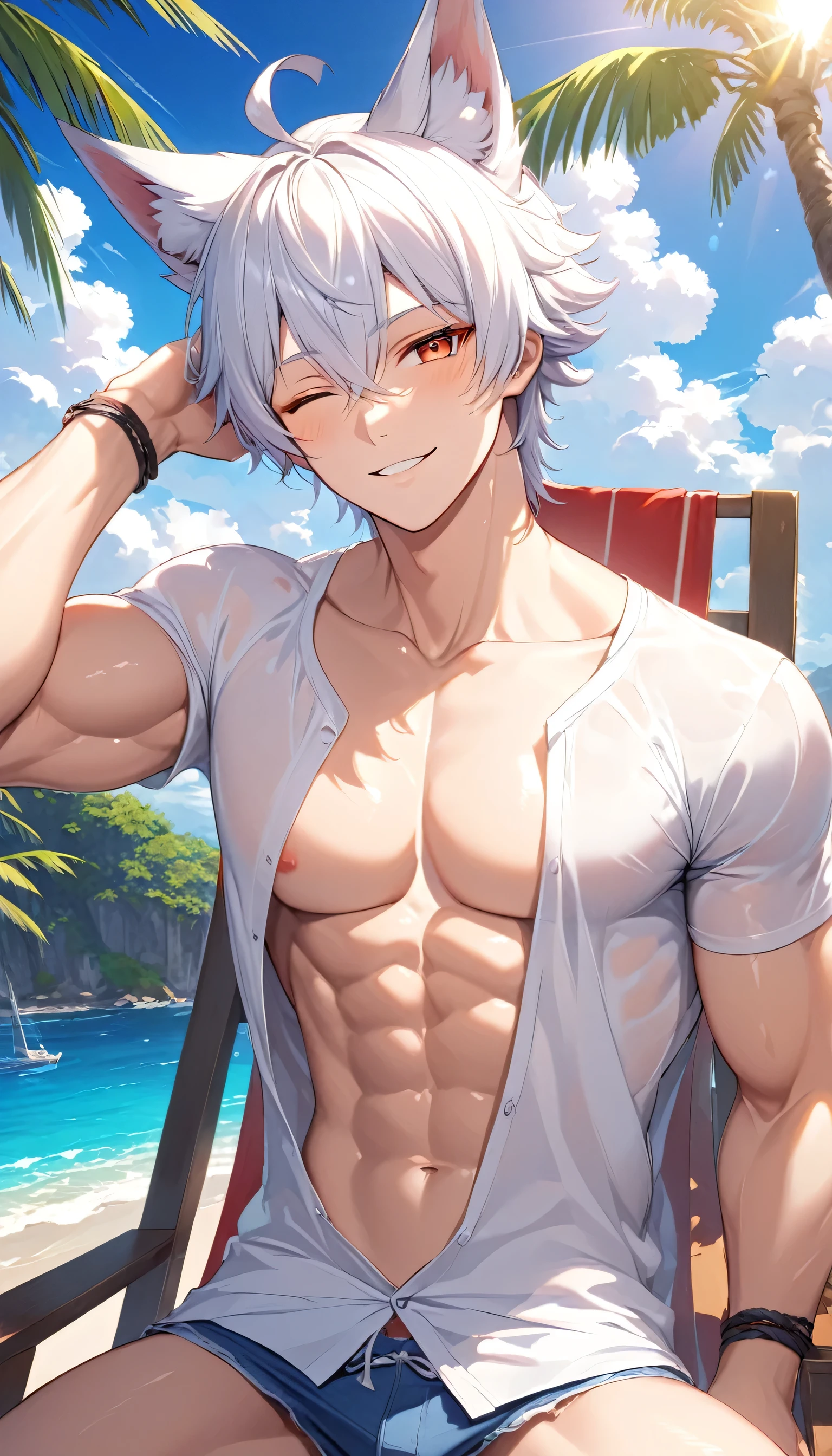 absurdres, highres, ultra detailed, HDR, master piece, best quality, extremely detailed face, delicated features, Aohitsugi Samatoki, chin length white hair, long eyelashes, expressive red eyes, Hypnosis Mic, solo, sexy man sitting, handsome, handsome smile, manly man, sensual, erotic, bare chest, without shirt, black shorts, summer, sea, beach, blue sky
