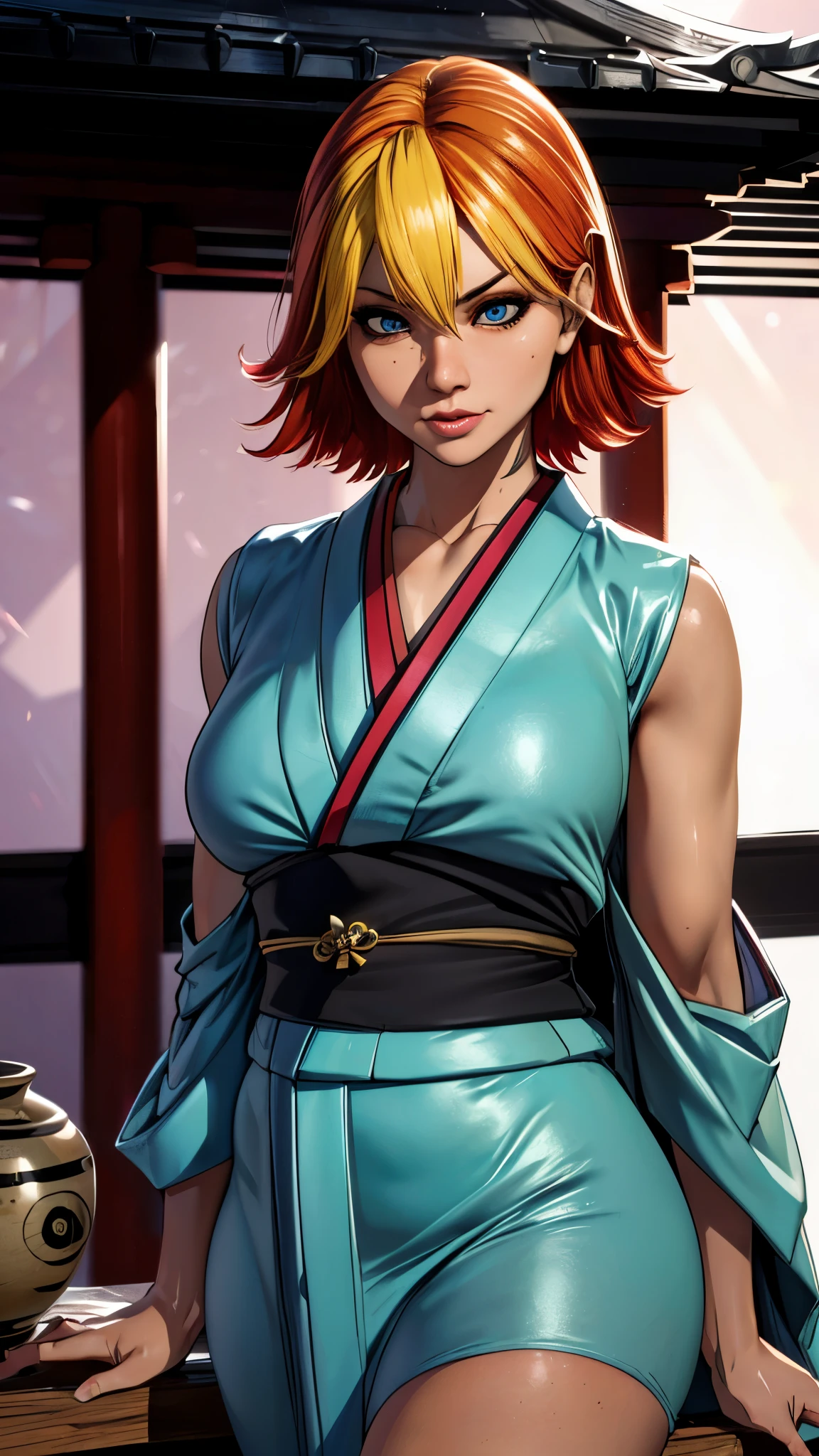 joanna dark, short hair, (((multicolored hair, red hair, blonde hair))), blue eyes, (((sexy kimono))), (((tanned skin))), ((fit body)), photorealistic, masterpiece, realistic, realism, photorealism, high contrast, photorealistic, 8k HD high definition detailed realistic, detailed, skin texture, hyper detailed, realistic skin texture, best quality, (photorealistic:1.4), high resolution, detailed, raw photo, photo realistic, (high detailed skin:1.2), 8k uhd, dslr, soft lighting, high quality, film grain, Fujifilm XT3), hyper realistic lifelike texture dramatic lighting unreal engine, even, neutral light, key light, bold, bright colours, (((japanese mansion, traditional japanese mansion)))