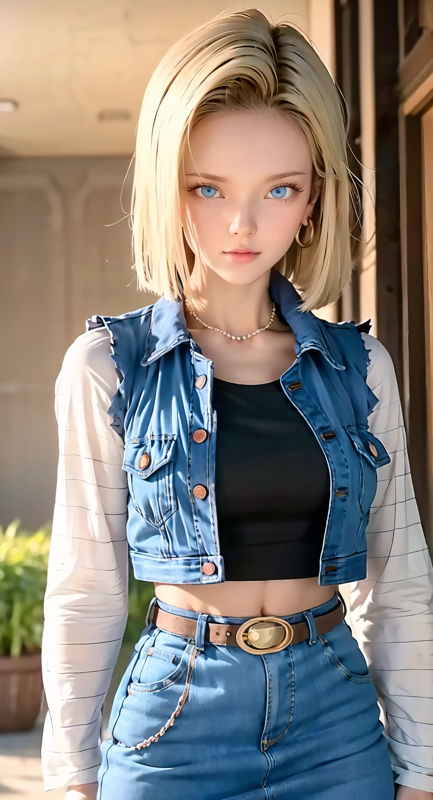 Android 18, Light Blonde hair, Medium hair shaggy cut for women, Blue Transparent eyes of Slavic Caucasians, She has sexy double eyelids above and below her eyes, The flash in the eyeballs is brilliant, She is not wearing any jewelry such as a necklace around her neck, open-chested Black -shirt, Not wearing a bra, She only Wears round earrings, Tight Long sleeves with black stripes on a white background, Blue denim mini vest, Blue denim mini skirt, The denim mini skirt and denim mini vest set in the same blue color, The mini denim vest does not have a zipper, but the mini denim skirt does, and the denim vest has five silver buttons to fasten the garment, The denim skirt's zipper seam line and stitching run vertically straight to the bottom of the skirt, and the denim vest has no zipper, so it's clean, Open-chested denim vest, Large breasts, Women's Western Cowboy Belt, Brown see-through pantyhose, Western short boots, Looking at viewer, Her whole body is visible on the screen, She is standing in front of the bench Her entire body is visible on the screen, from her head to her boots, Slight smiling with closed lips standing next to bench , Blue sky, outside, park, grass, Summer, trees, blue sky, high quality, masterpiece,