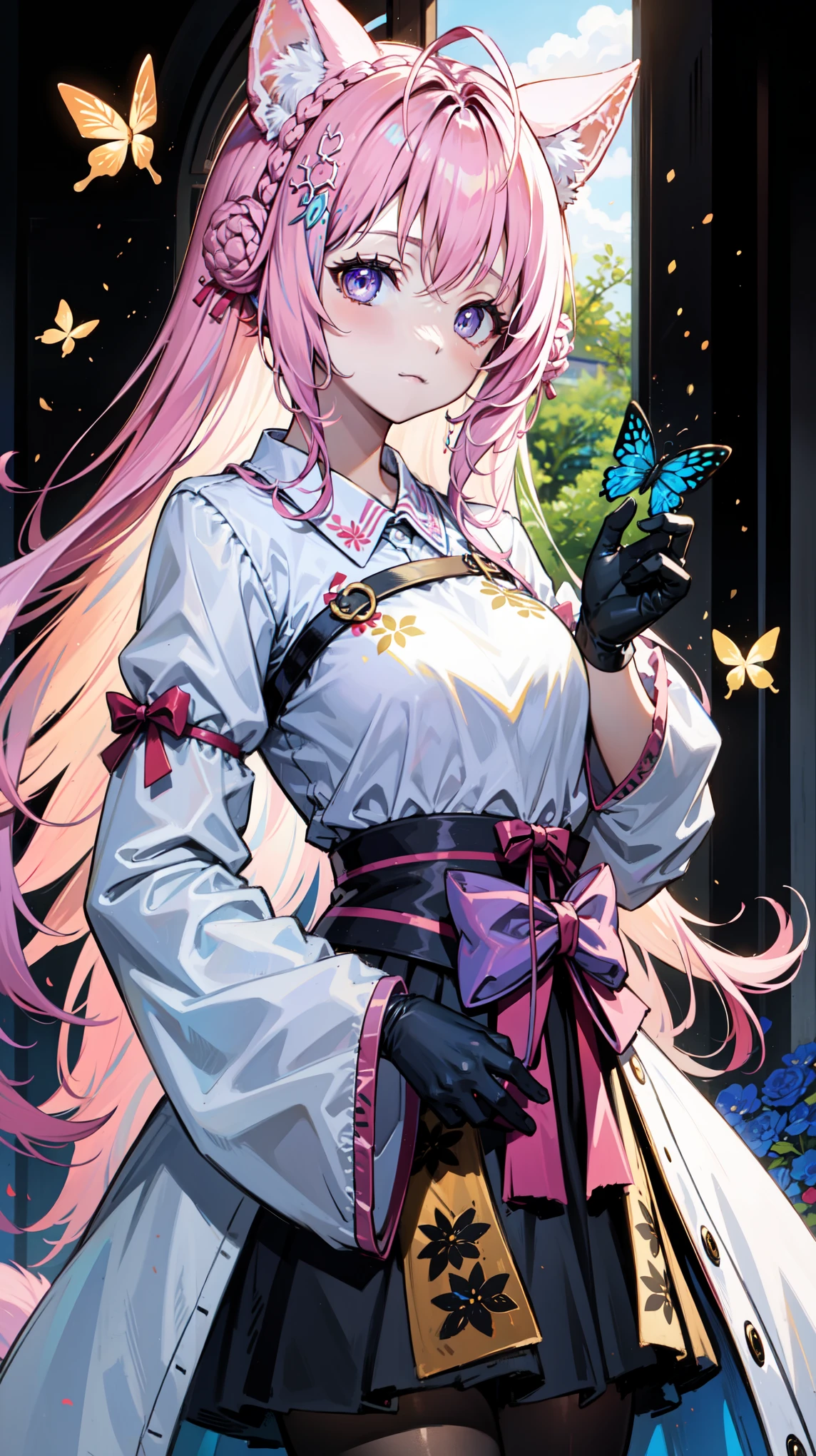     alone ，   pink hair     ,    pale   ,  Butterfly,   purple eyes    ,  Butterfly装饰 的女人， black gloves ， Modern Outfits，shirt，Assistant costume ，Gel coat，， with black decorations on it   ,   An impact  , Golden ribbon,     decorated with dark blue flowers and width    , cheongsam，Wide-brimmed hat ，原神冲击