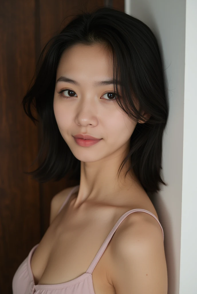 Japanese, Women of short stature, petite physique, Medium build, medium height, slightly plump, Short arms, single eyelid, long slit eyes, Ephemeral atmosphere, 30-year-old girl, black bob hair, ((thin lips)), white top and bottom underwear, muste piece, best quality, detailed skin, detailed eyes, ,8K, good anatomy, upper body portrait