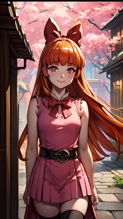 (1girl, Blossom), (extremely detailed CG unit 8k wallpaper),(master part), (best quality), (ultra detail), (best illustration),(granblue fantasy), cowboy shot, standing, facing viewer, looking at viewer, perfect face, perfect eyes, perfect fingers, (Sharp eyeliner, ombre, detailed eyes:1), (FanFo), perfect anatomy, professional light, cinematic lighting, fashion photography, ambient lighting, a narrow street with many elaborate houses, in the style of Tolkien, Middle Earth, Rivendell,, outdoor background, break , upper body, solo, smile, (orange hair, blunt bangs, pink eyes:1.2), (hair bow, red bow, simple pink dress, simple black belt, white thighhighs)
