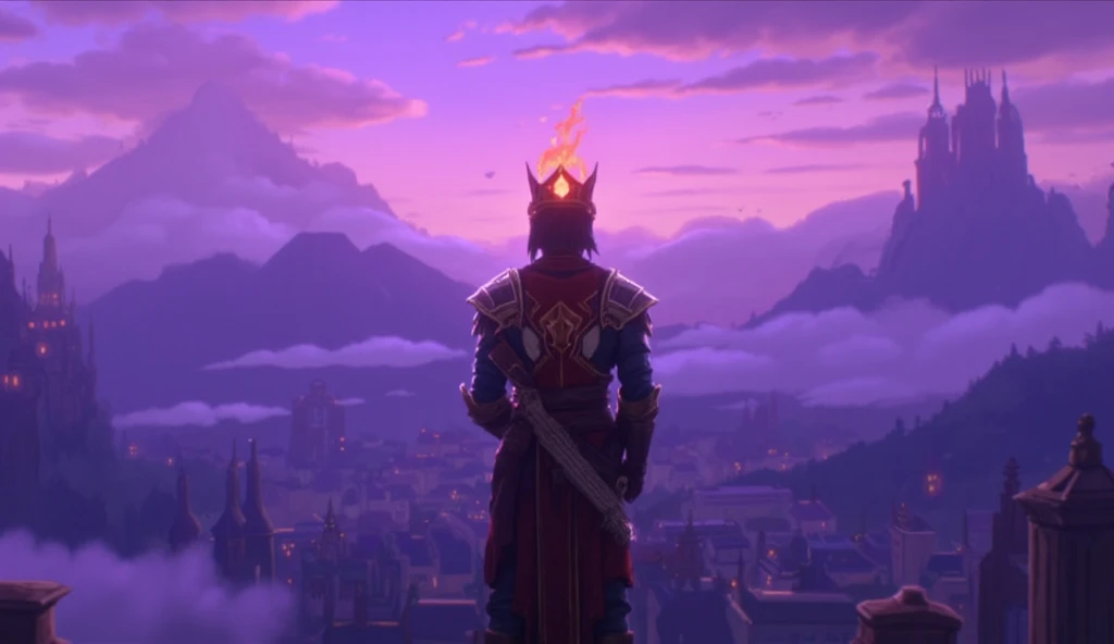 ((masterpiece)) ((photography)) ((Highest quality)) 2D Anime style, high angle shot of the new king stands tall in front of a vast window, looking out over the kingdom with a fierce and contemplative expression. His posture is proud, with his hands clasped behind his back, and his armor is adorned with intricate designs, symbolizing both his heritage and his ambition. The fiery crown rests upon his head, glowing brightly, contrasting with the soft purple hues of the dawn. The background is a panoramic view of the kingdom, with mountains and the city sprawling beneath him. The color palette features deep purples and oranges, highlighting the king’s inner conflict and his readiness to lead his people into a new era..