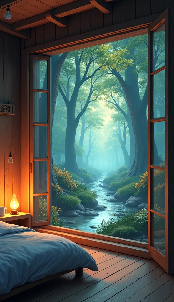 A dreamlike illustration featuring a cozy interior scene, drawn by Adrian Smith, with rain and storm clouds visible outside a window. The scene includes magical forests filled with colorful mushrooms and creatures, and audio waves can be heard in the background. The image is rendered in a warm, colorful style with a focus on contrast and texture