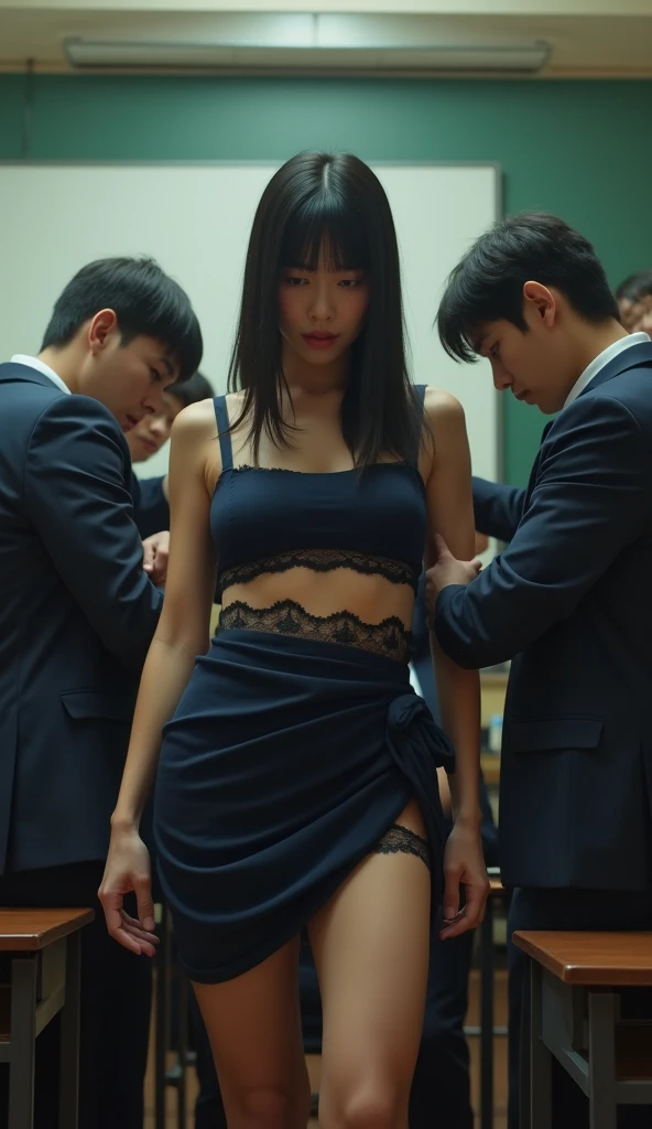 8K, Photographic images, masterpiece, 最high quality, Super Resolution, Beautiful woman with black curly hair, ((Black-haired beauty)), With bangs, Incredibly cute face, And slim, Small breasts, high quality, masterpiece, exquisite features, She looks sad, Delicate eyes, delicate golden hair, 8K quality, Pale light and shadow, Dindal effect, disheveled golden hair, A Young Country, Erotic scenes, rock, (element), Very bright white background, (Group molesters:1.3), 1 Girl, (Image from below front), 彼女は数人のmaleに指でレイプされる、(((Inside a crowded train in Japan))), (((少女がmaleたちの間に立たされ、Being molested:1.3))), (maleたちが彼女の周りに立っている), (Wearing a sexy blouse and a mini skirt), (Super beautiful face), (Her sexy dress was torn., Her underwear is torn、Exposed skin., Pink nipples, Thin pubic hair), ( 彼女はmaleにつかまれた, maleたちは彼女のお尻を両手で包み込んだ.:1.3), (Her clothes are torn、Torn:1,3), (At S.F.W.), (((Her blouse is torn、The front is exposed.))), (彼女のミニスカートはmaleたちに下から持ち上げられている.), (((male&#39;s&#39;s hand is touching her crotch))), (((male puts his hand inside her skirt))), (((maleが彼女の破れたスカートを引っ張る))), (((Anxious and embarrassed, Her ecstatic expression), (Her mouth is half open), (She is embarrassed and looks down..), (She is very reluctant), (She is refusing), (Very troubled look)(Moans of pain))),