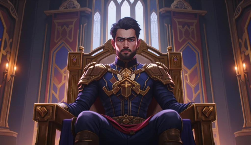 ((masterpiece)) ((photography)) ((Highest quality)) 2D Anime style, low angle shot of the new king, with his black hair and short beard, regal and composed, sits on an ornate throne made of dark stone and gold. His crown glows softly, and his armor is finely crafted, symbolizing both strength and wisdom. His expression is calm and commanding, but there’s a hint of weariness behind his eyes, reflecting the weight of his newfound responsibility. The throne room is vast, with high ceilings and banners representing the kingdom’s new era. The atmosphere is heavy with a sense of authority and solemnity, and the color palette is rich with golds, deep blues, and purples, symbolizing the monarchy’s power and legacy.