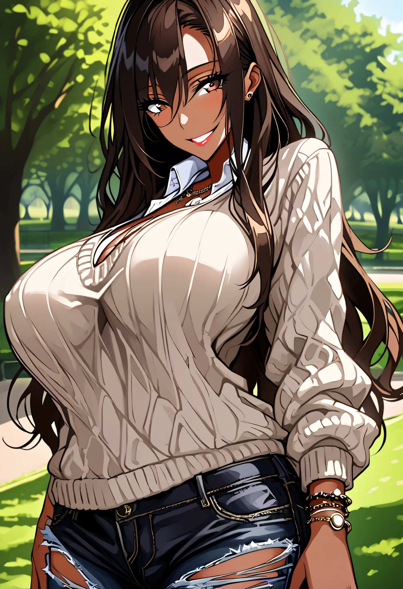 solo, female, long hair, dark brown hair, light skin, brown eyes, side tail hair, huge breasts, sweater, torn jeans, close up, smile, jewelry, day, park, curvaceous, gyaru, neat, intelligent