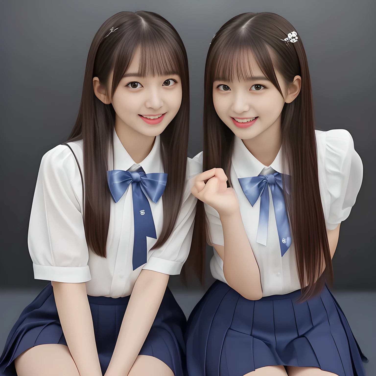 (Highest quality, masterpiece:1.2), Highest quality, High resolution, 1080P, 8k, (Two 14yo Japanese beautiful girl idols are seated and giving strong subliminal sexual invitation and temptation, cute skirt with beautiful knees, looking at the viewer, can't stop showing cute smile open mouth because of feeling too funny about the viewer, very white-white face, very proud of her long straight black hair, using face-whitening cosmetics, 14yo girl's eyes, opened laughing giggling most open mouth, too expensive luxurious glossy frilled ivory silk blouse, polyester dark-navy school-skirt and bewitching ribbon on the breast, well-straitened super-long well-trimmed long hair, evenly neatly trimmed girly cute bangs: 1.5), (white thighs and knees: 1.7), (Laughing blushed cheeks with dimples), (Well-balanced, impressive, cool, chill, double-eyelids, black shining large eyes of 14yo intelligent young idol with detailed: 1.5), ((Beautiful well-figured glossy opened laughing lips: 1.2)), (mature breast), (The viewer can't stop madly kissing them because of her beauty and subliminal strong invitation), (Very beautiful, super-glossy, cute neat black amazingly long hair, straight well-done long hair-style: 1.3), (plain blue background: 1.6), (((Completely balanced beautiful big big eyes, looking at me))), (eyes, face and hair are especially beautifully detailed and beautifully drawn: 1.5),  (The soft white light clearly shows her face extremely white: 1.2), (Feel too luxurious and expensive), (School uniform, too-cute slender 14yo super-long-hair Japanese beautiful-young-girl idol twins are laughing and licking the other's hand each other with super-wide open open laughing mouth like eating the viewer, everything is girly, neat and too beautiful: 1.6), (Super long hair 14yo super-cute-face school-uniform pretty young idol of school idol photo magazine, height: 145cm: 2.1), (Signs of girl's inevitable subliminal sexual invitation and temptation to their world of succubus: 2.0)