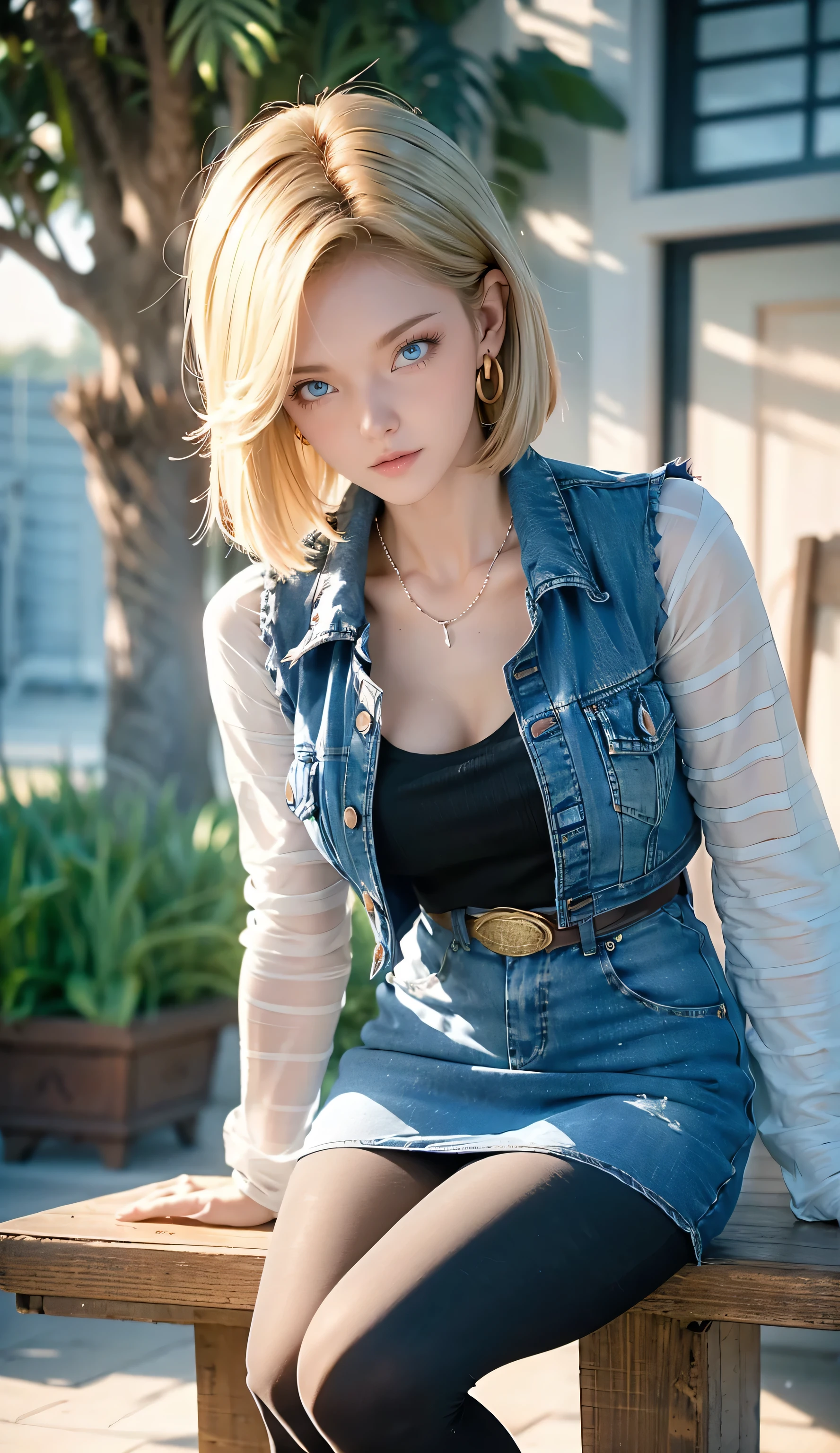 Android 18, Light Blonde hair, Medium hair shaggy cut for women, Blue Transparent eyes of Slavic Caucasians, She has sexy double eyelids above and below her eyes, The flash in the eyeballs is brilliant, She is not wearing any jewelry such as a necklace around her neck, open-chested Black -shirt, Not wearing a bra, She only Wears round earrings, Tight Long sleeves with black stripes on a white background, Blue denim mini vest, Blue denim mini skirt, The denim mini skirt and denim mini vest set in the same blue color, The mini denim vest does not have a zipper, but the mini denim skirt does, and the denim vest has five silver buttons to fasten the garment, The denim skirt's zipper seam line and stitching run vertically straight to the bottom of the skirt, and the denim vest has no zipper, so it's clean, Open-chested denim vest, Large breasts, Women's Western Cowboy Belt, Brown see-through pantyhose, Western short boots, Looking at viewer, Her whole body is visible on the screen, She is standing in front of the bench Her entire body is visible on the screen, from her head to her boots, Slight smiling with closed lips standing next to bench , Blue sky, outside, park, grass, Summer, trees, blue sky, high quality, masterpiece,