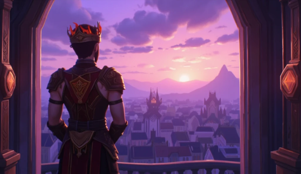 ((masterpiece)) ((photography)) ((Highest quality)) 2D Anime style, high side angle shot of the new king, black hair and short brard, stands tall in front of a vast window, looking out over the kingdom with a fierce and contemplative expression. His posture is proud, with his hands clasped behind his back, and his armor is adorned with intricate designs, symbolizing both his heritage and his ambition. The fiery crown rests upon his head, glowing brightly, contrasting with the soft purple hues of the dawn. The background is a panoramic view of the kingdom, with mountains and the city sprawling beneath him. The color palette features deep purples and oranges, highlighting the king’s inner conflict and his readiness to lead his people into a new era..