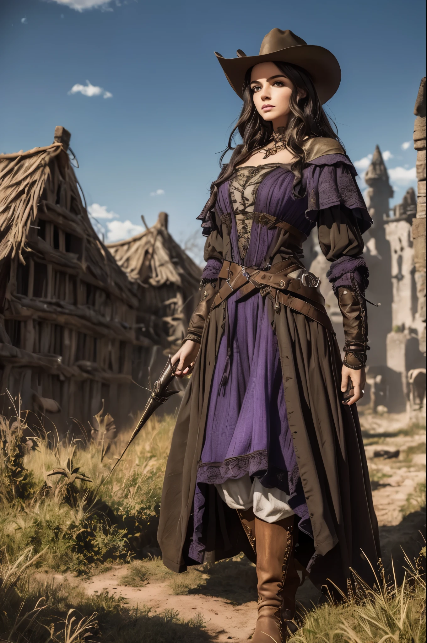  a cute faced medieval pioneer woman exploring the horizon, Very pretty leather clothing ,  a noble cloak and a cowboy hat , fly away, tem, cabelo castanho dark, cowboy western, ela carrega um manto roxo dark em suas costas, dark, suas roupas tem detalhes roxo dark, roupas de exploração realista em cabelo castanho dark, olhos castanho-darks, and olive skin ,  reflecting her connection with the hard land of Viladella .  She is ingenious and determined ,  with a strong work ethic and a deep respect for the effort required to survive in such a difficult environment. medieval era,  Middle Ages , wild and unknown terrain , desbravadora com uma capa roxa dark e detalhes roxo,  she is exploring with great grace 