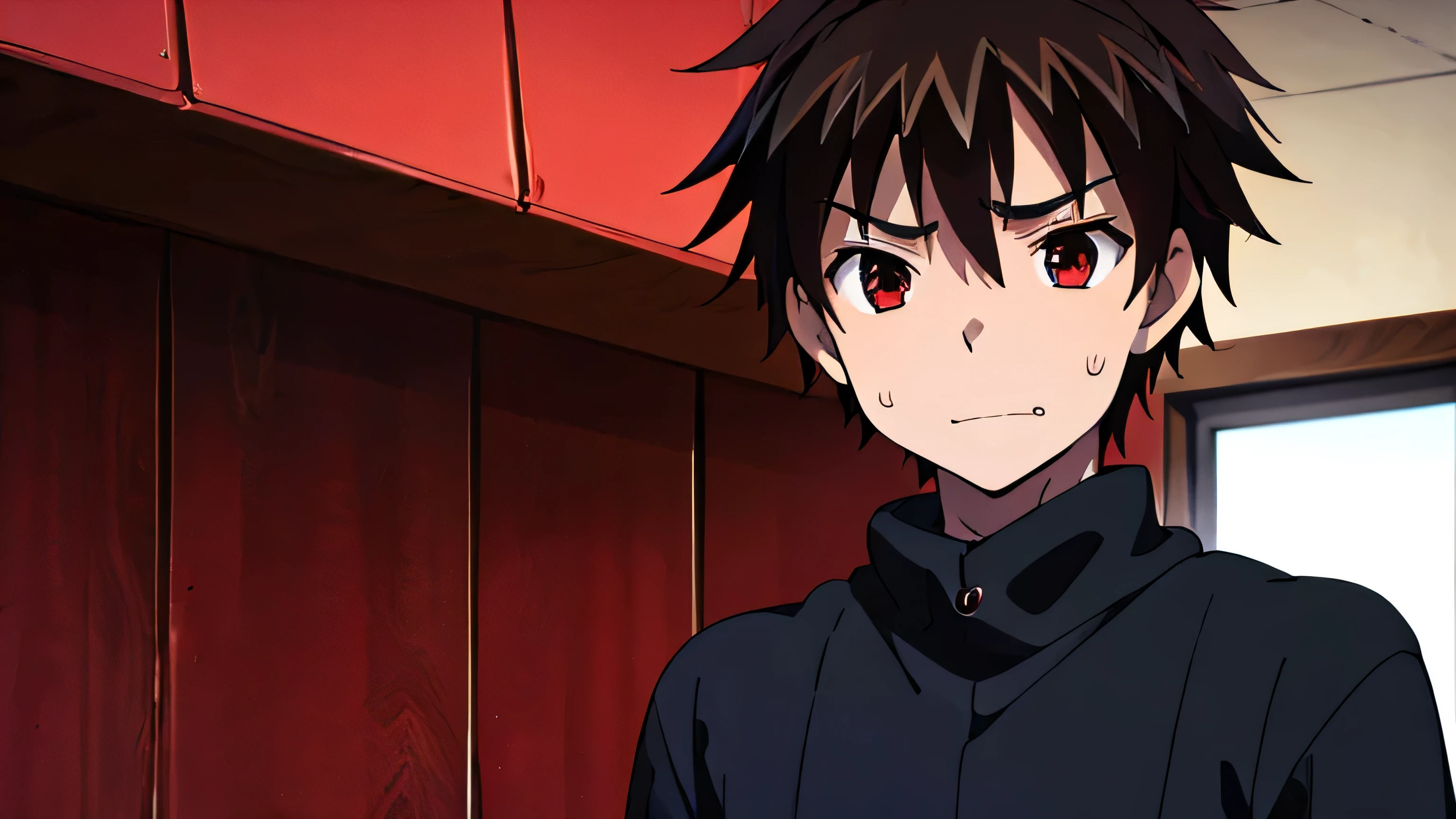   boy  , brown hair ,red eyes , evil face ,black sweatshirt