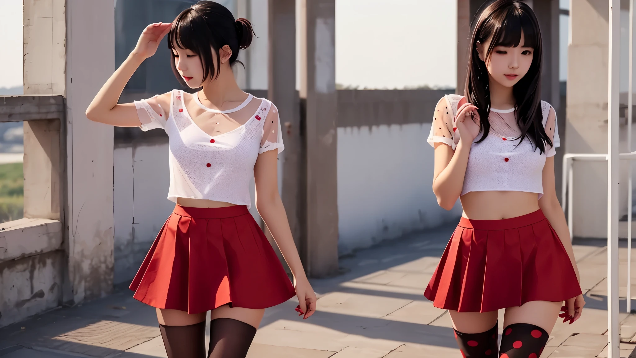 YOUNG GIRL- RED POLKA DOT TIGHTS- RED HIGH SHOES- RED LACE PANTIES- SHORT ROUND SKIRT RAISED WITH HANDS- WHITE TOP- TRANSPARENT RED SUTIAN- STRAIGHT BLACK HAIR- HAIR TIED AT TWO ENDS- PERFECT BODY WITHOUT ERRORS