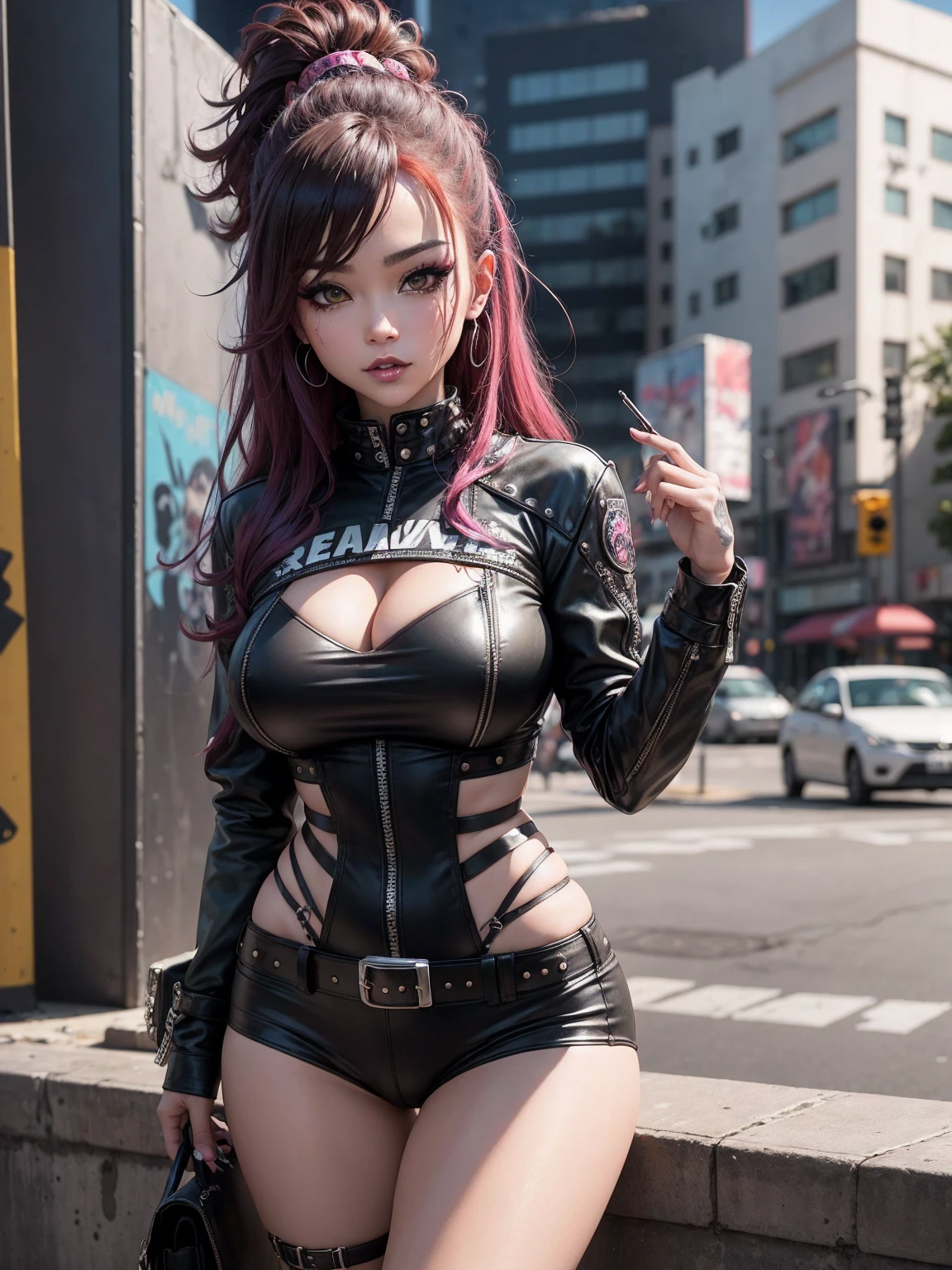 1girl, sticking out her tongue pink lingerie with a stockings, best quality, ultra high res, (photorealistic:1.4),(RAW photo:1.2), (photorealistic:1.4),(masterpiece:1.4),(best quality:1.4),ultra high res,HDR,8k resolution, blush, bodysuit, (((glow skin))), smile face, rounded breasts with teats, (((dark red colored hair))),jacket, medium breasts, latex bodysuit, long hair, pink bodysuit, rifle, street,best quality, ultra high res,(masterpiece:1.4),(best quality:1.4),ultra high res,HDR,8k resolution, blush, bodysuit, breasts, grey hair,jacket, large breasts, latex bodysuit, long hair, mosaic censoring, pink bodysuit, rifle, simple background, dslr, full body, wide view