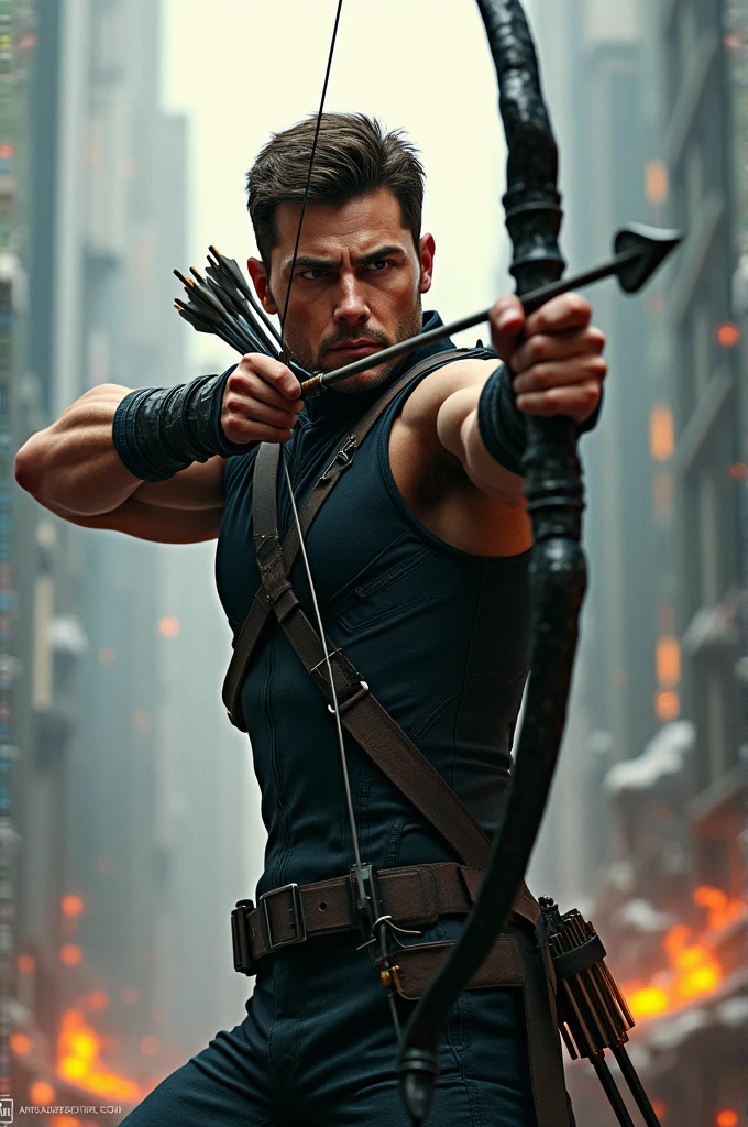 masterpiece, best quality, realistic, photorealistic, half-body photo of Hawkeye, cinematic wonder, detailed face, bow and arrow in the back, 8k, uhd, sharp focus