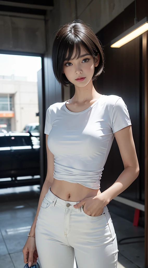 chica sexy, with tight white shirt, tight short shorts, short black hair, green eyes, Whole body.