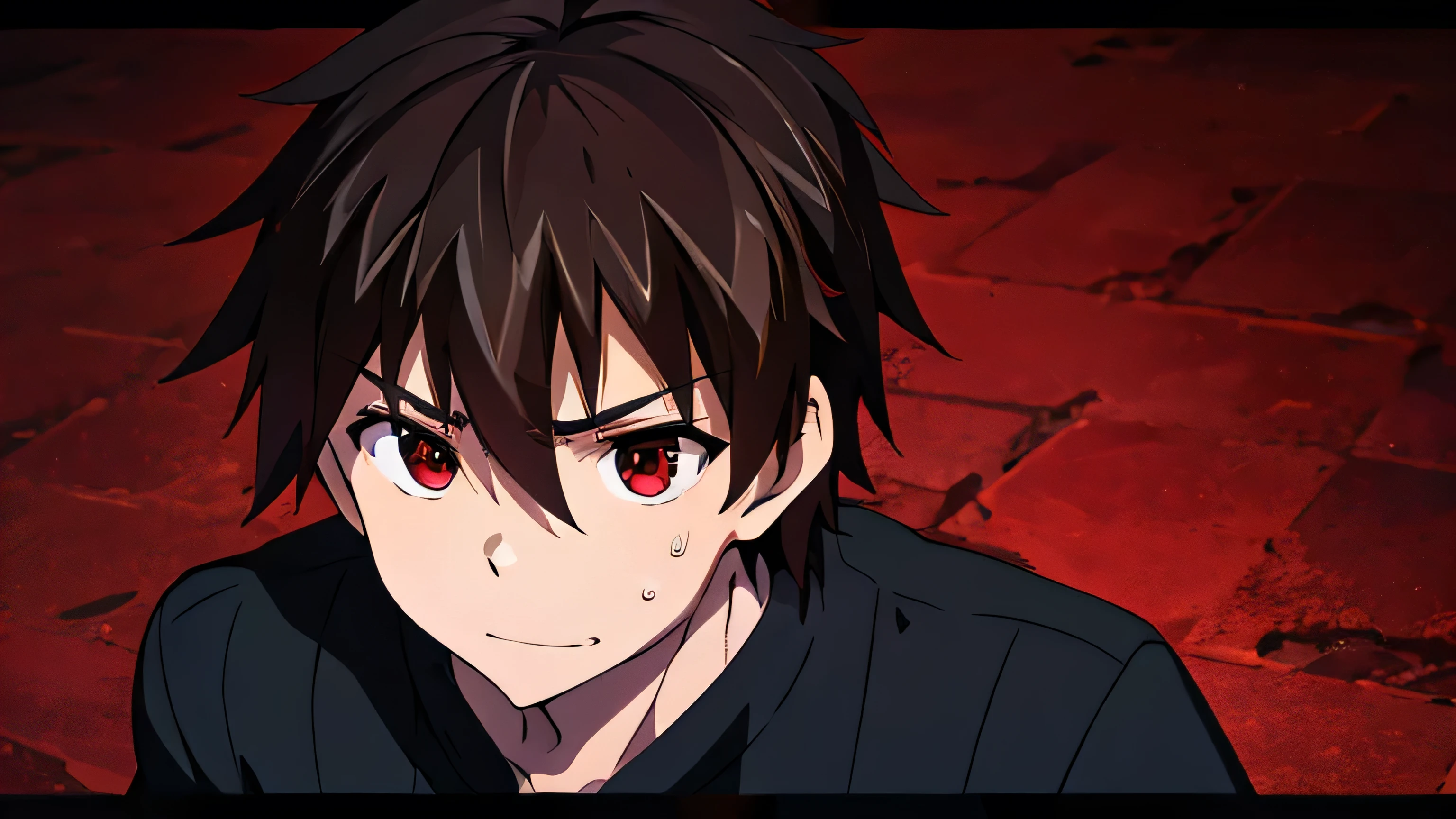   boy   , brown hair ,red eyes , evil face ,black sweatshirt