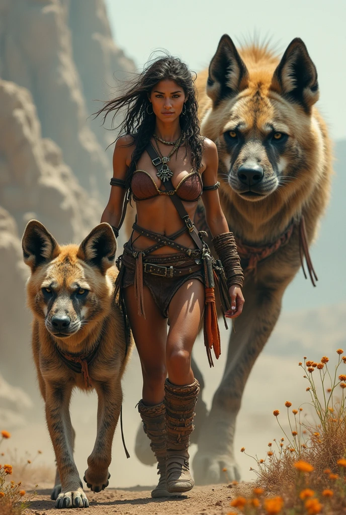 A woman with tribal armor, standing by a vehicle that resembles a mythical beast, in a desert filled with legendary creatures.