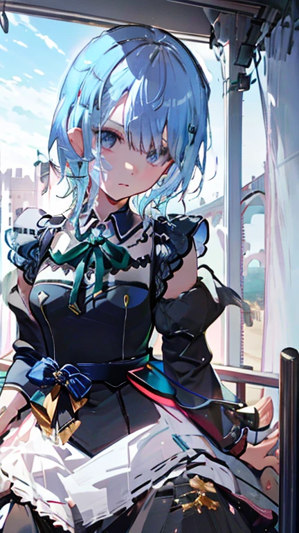  1 girl, Alone, breast,  watching viewers , ,  shorthair ,  blue eyes, Hair accessories,  dress, ribbon, medium breast,  blue hair, hair ribbon, Outdoor, highlighted sleeve, null, day,  with hair on one eye , apron, blue null, Maid, Maid head dress, x Hair accessories, pink ribbon, roswaal mansion Maid uniform