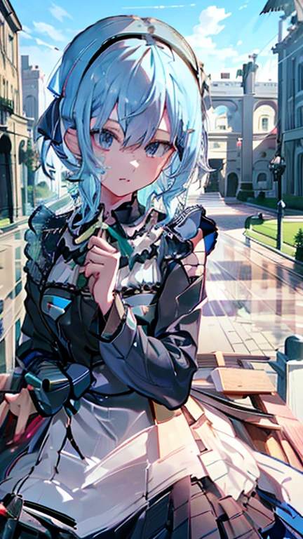  1 girl, Alone, breast,  watching viewers , ,  shorthair ,  blue eyes, Hair accessories,  dress, ribbon, medium breast,  blue hair, hair ribbon, Outdoor, highlighted sleeve, null, day,  with hair on one eye , apron, blue null, Maid, Maid head dress, x Hair accessories, pink ribbon, roswaal mansion Maid uniform