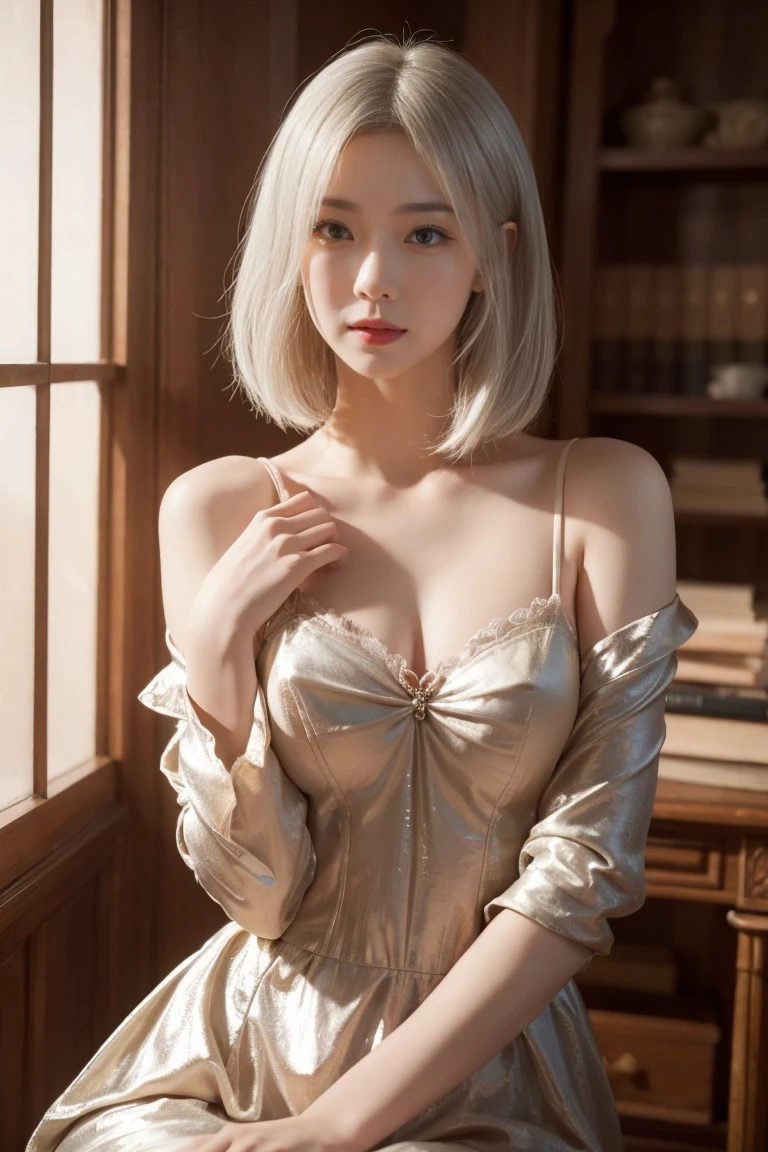 ashelia, photorealistic young medieval woman with awhite hair bob, flat chest, small bust, 8k, medieval palace, A beautiful adult woman with a soft face, perfect brown eyes, detailed face, long eyelashes, silk flower fantasy background, cinematic photorealistic lighting, dramatic night scene, (best quality,4k,8k,highres,masterpiece:1.2),ultra-detailed,(realistic,photorealistic,photo-realistic:1.37),cinematic,dramatic,moody,warm light, 