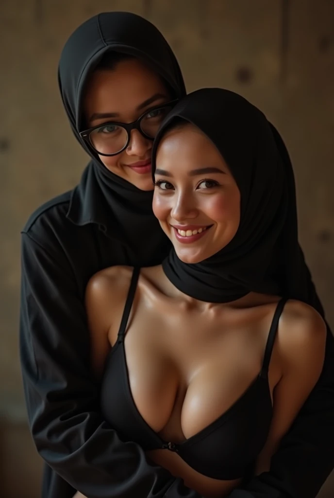 1 young Sexy malay girl and 1 sexy matured 30 years old malay woman in topless hijab jogging at wet forest, mother and daughter, rainy season,  laughing, happy seducing pose, squared glasses, pastel hijab, small breast, slim, small abs, wide waist, thick thighs, high quality, 8k, ultra detail, naked, naked, naked, sweaty small breast exposed, 