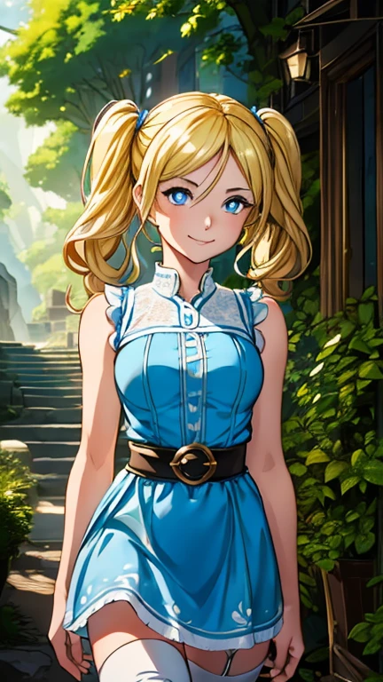 (1girl, Bubbles), (extremely detailed CG unit 8k wallpaper),(master part), (best quality), (ultra detail), (best illustration),(granblue fantasy), cowboy shot, standing, facing viewer, looking at viewer, perfect face, perfect eyes, perfect fingers, (Sharp eyeliner, ombre, detailed eyes:1), (FanFo), perfect anatomy, professional light, cinematic lighting, fashion photography, ambient lighting, a narrow street with many elaborate houses, in the style of Tolkien, Middle Earth, Rivendell,, outdoor background, break , upper body, solo, smile, (yellow-blonde hair, blue eyes, short twintails, pigtails), (dress, sky-blue sleeveless dress, simple black belt, white thighhighs)
