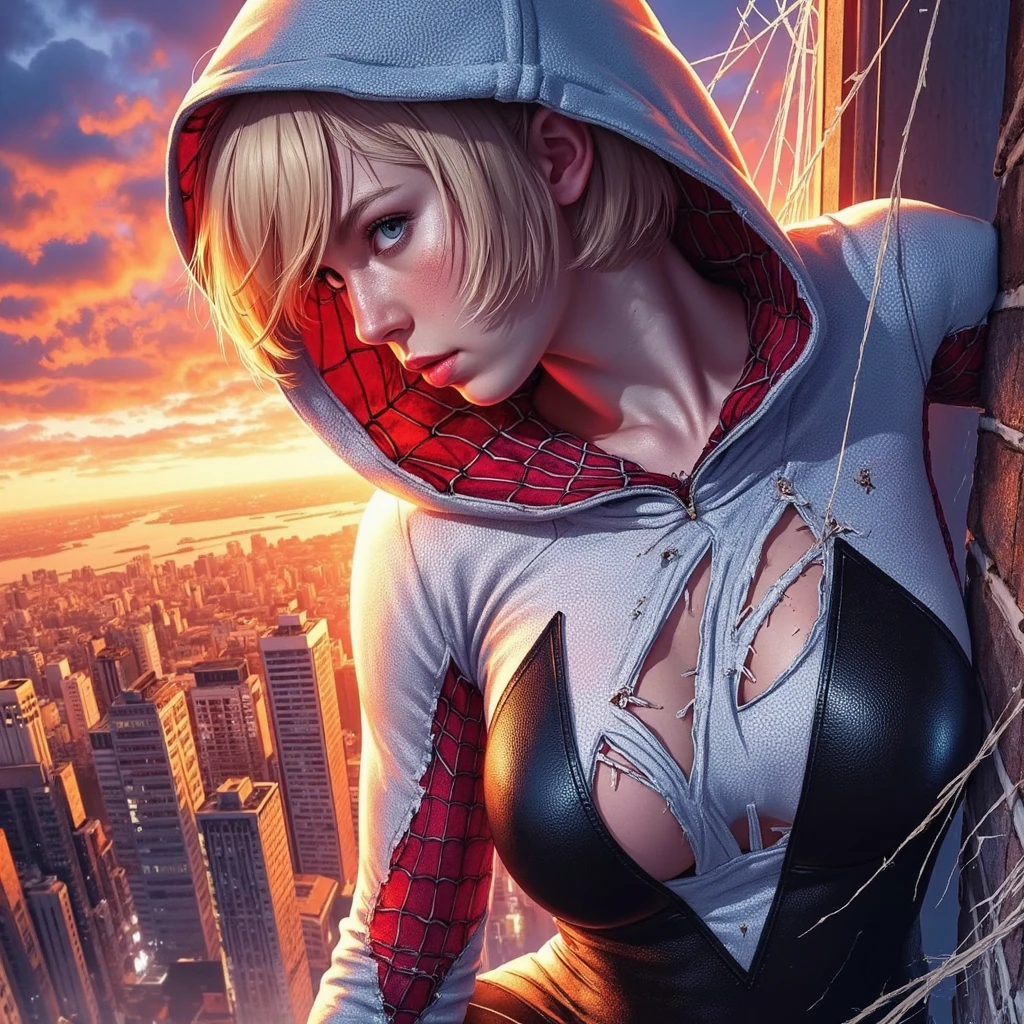  promotional slide ,  Marvel movie poster for 'Spider-Man.: Home field , 'starring Emma Meyer in the Spider-Stirring . [Bob Haircut, She wearing destroyed torn suit skin-tight white and balck red spider-gwen costume,  Climbing the building ,  on a rooftop in Brooklyn, New York City .  title is : "spider-man:Home field " and " coming in 2030 ."