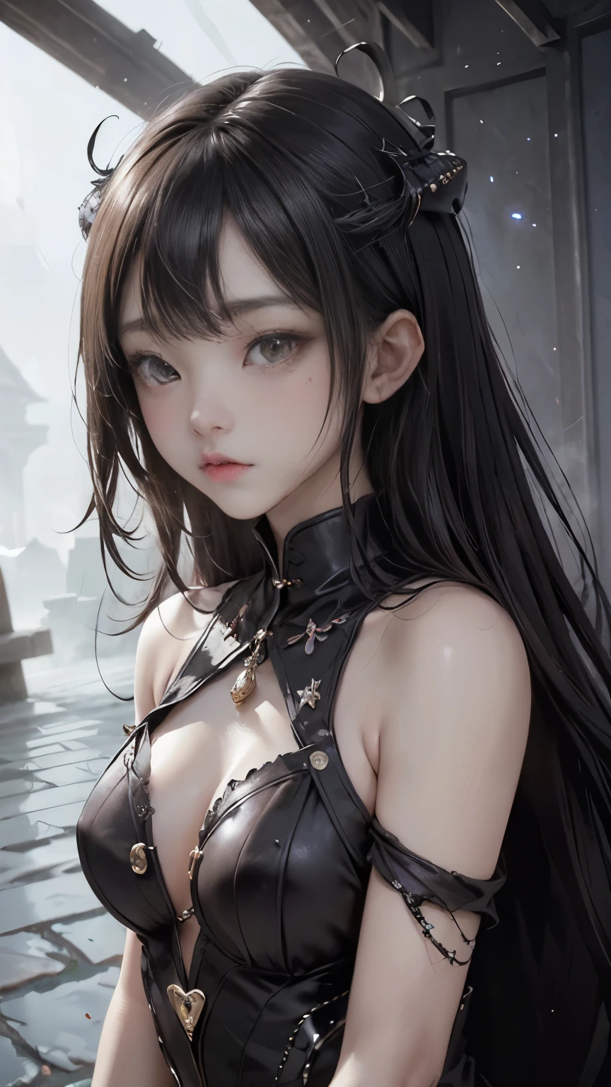 a 20 yo woman、A dark-haired、(poneyTail:1.3)、dark themed、Muted Tones、Subdued Color、highly contrast、(natural skin textures、Hyper-Realism、Soft light、sharp)、(masuter piece:1.3)、(8K、Photorealsitic、Raw photography、top-quality: 1.4)、Beautiful expression、(Lifelike face)、Beautiful hairstyle、realisticeyes、Beautiful details、(real looking skin)、Beautiful skins、(White ugly lace bodysuit)、absurderes、enticing、超A high resolution、A hyper-realistic、high-detail、the golden ratio、medium breasts、super model